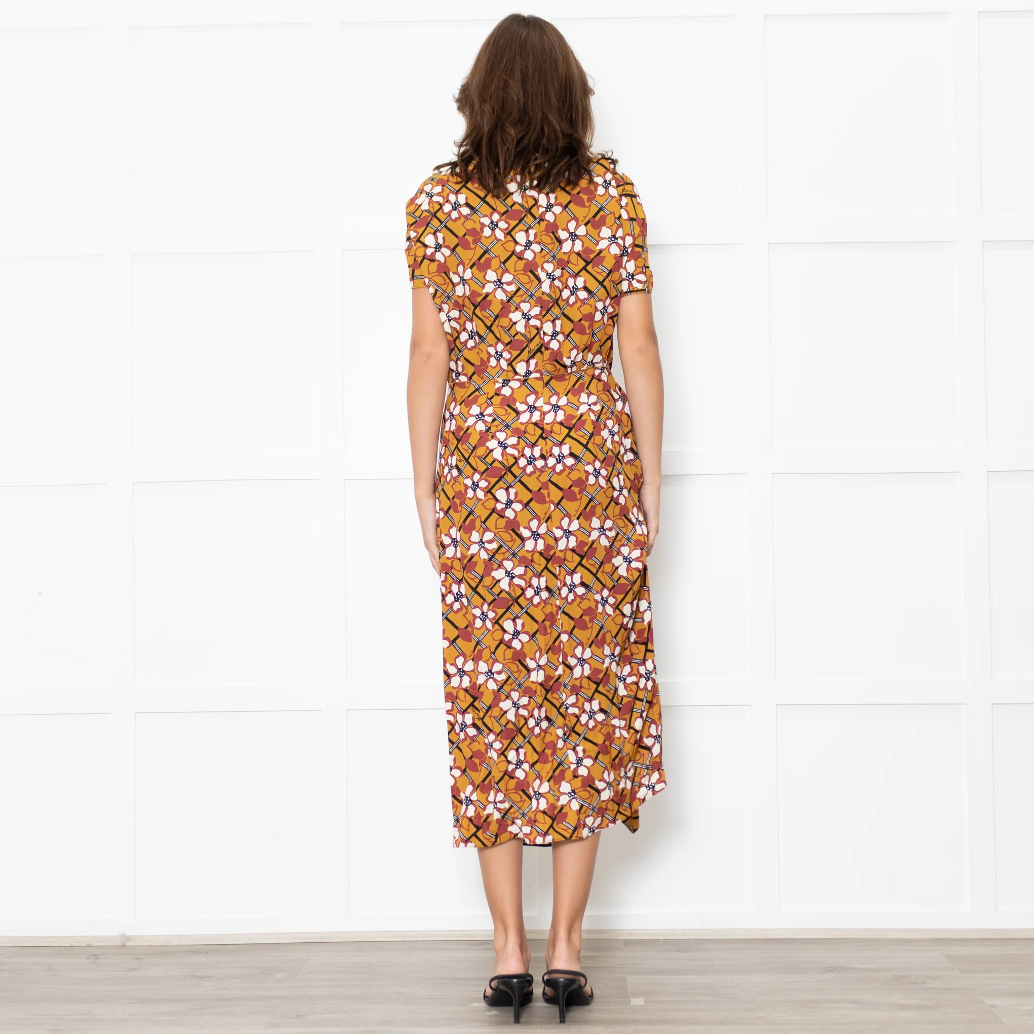 Marni Mustard Cream Floral Ruched Side Detail Midi Dress - Image 5