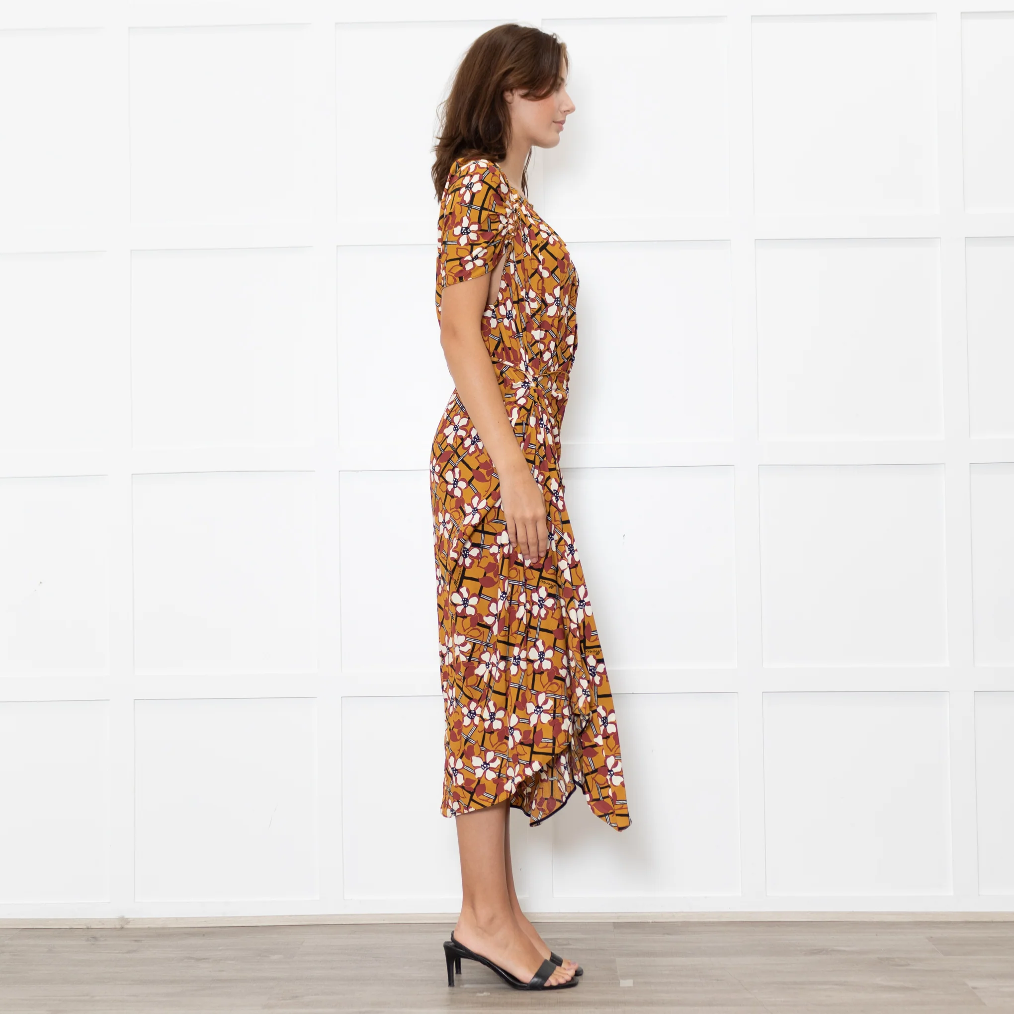 Marni Mustard Cream Floral Ruched Side Detail Midi Dress - Image 6