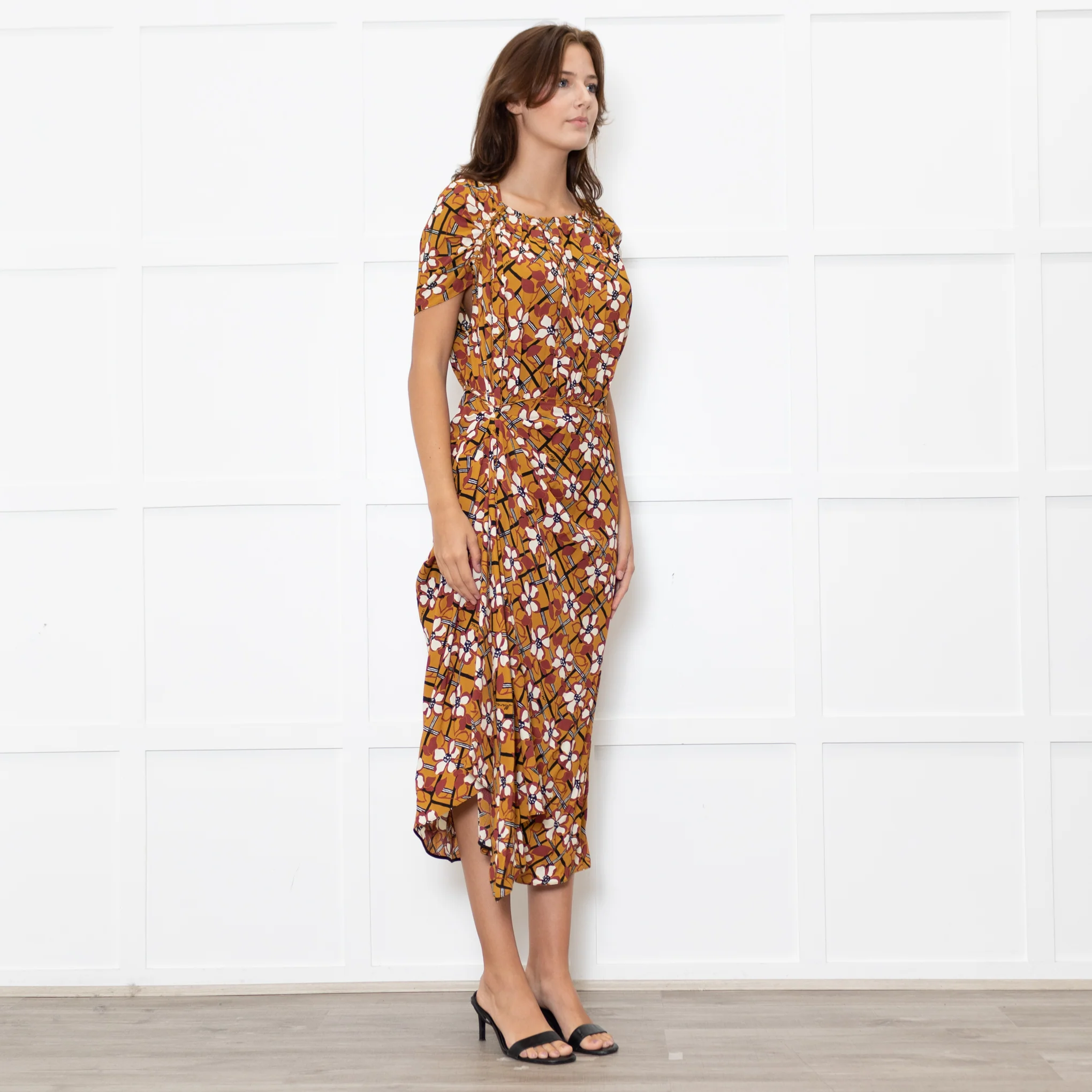 Marni Mustard Cream Floral Ruched Side Detail Midi Dress - Image 7