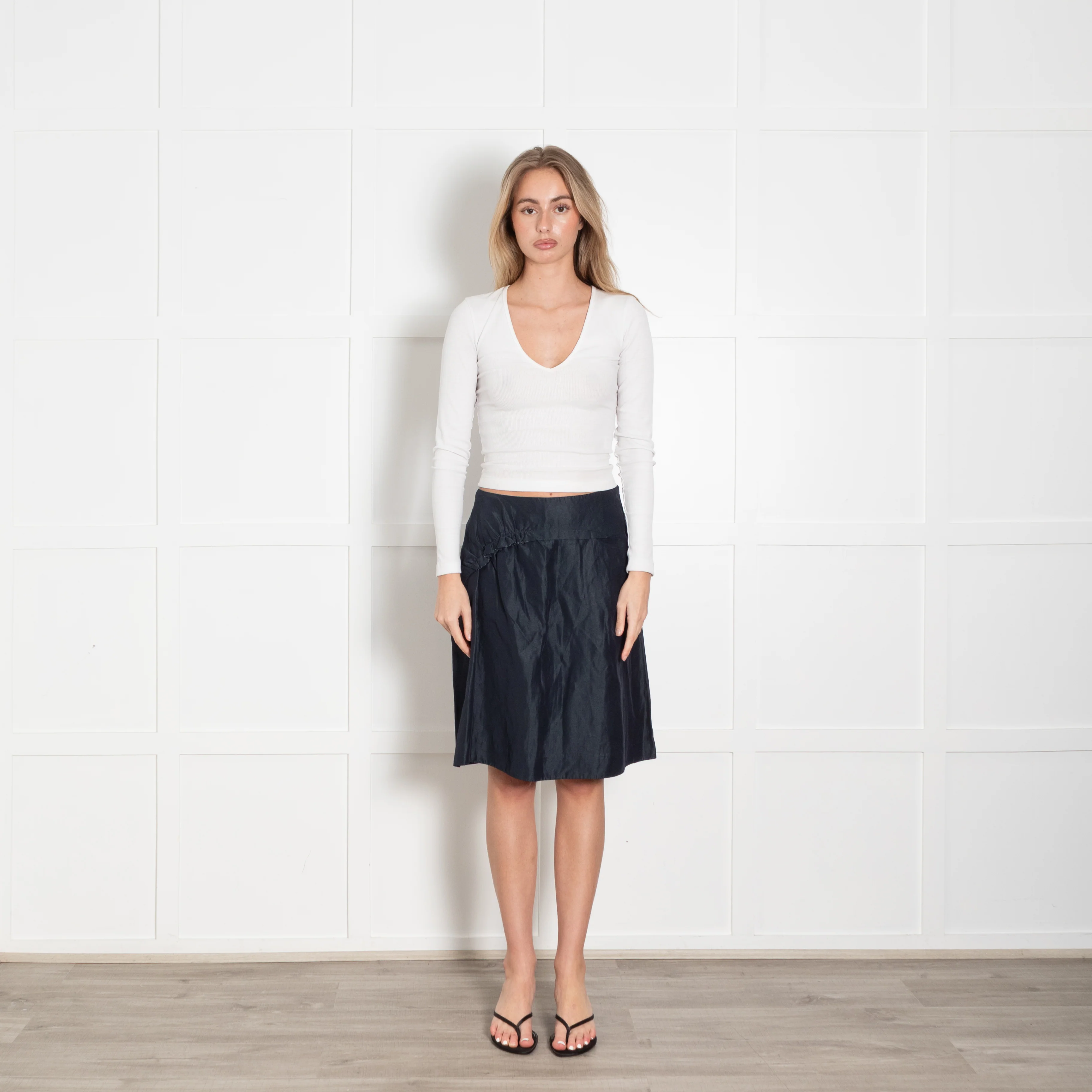 Marni Navy Blue Ruched Detail Linen Blend Skirt