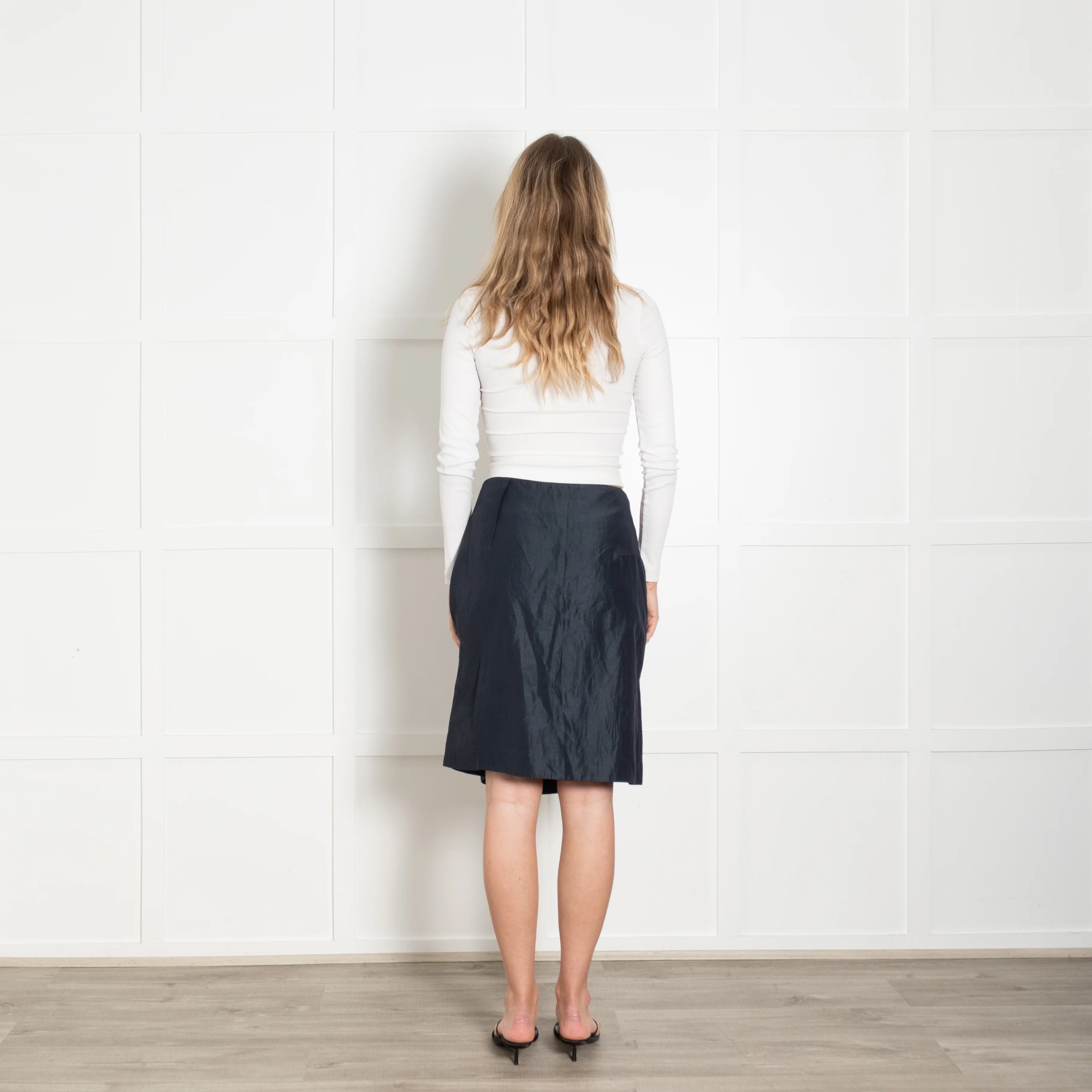 Marni Navy Blue Ruched Detail Linen Blend Skirt - Image 6