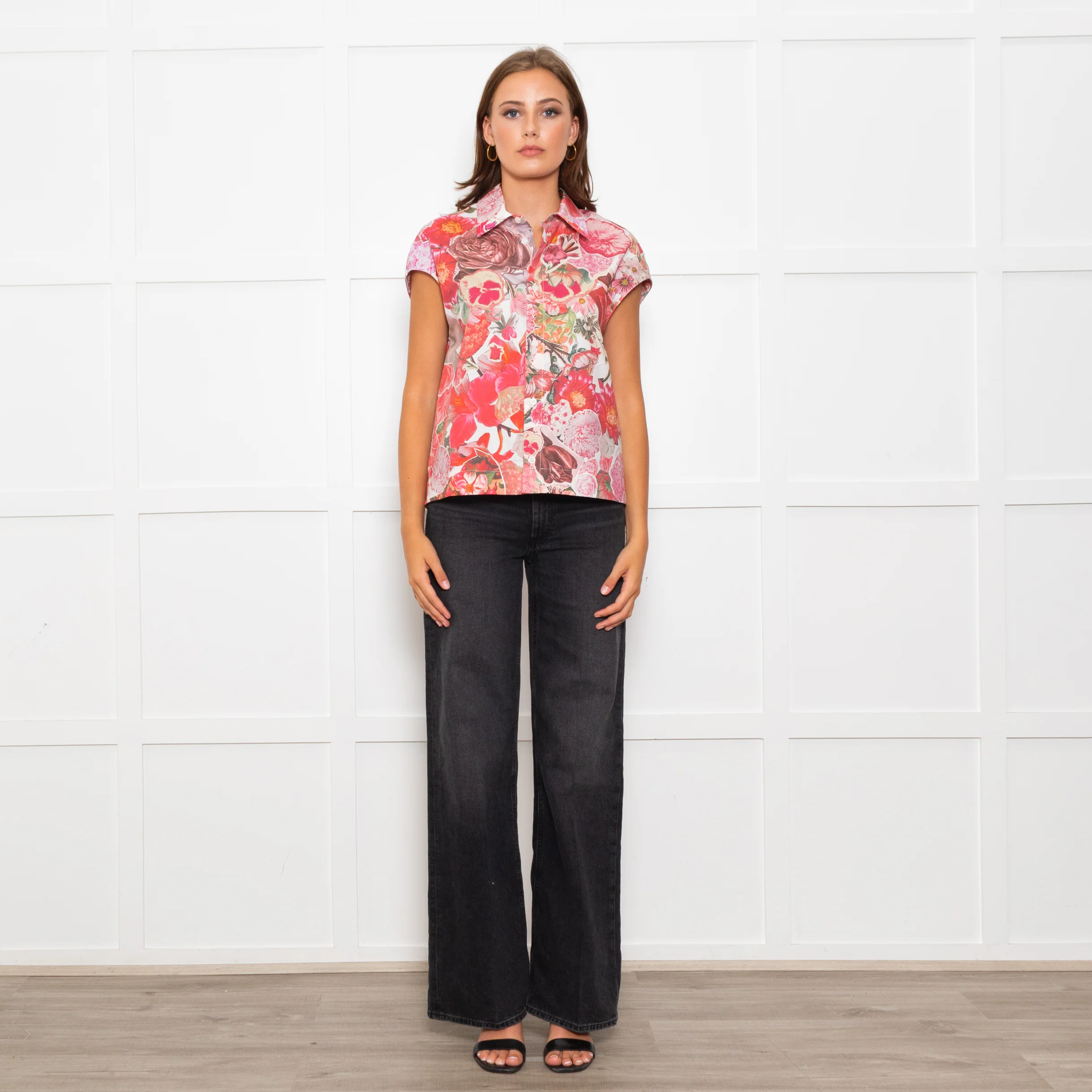 Marni White Cap Sleeve Shirt With Pink and Red Floral Print