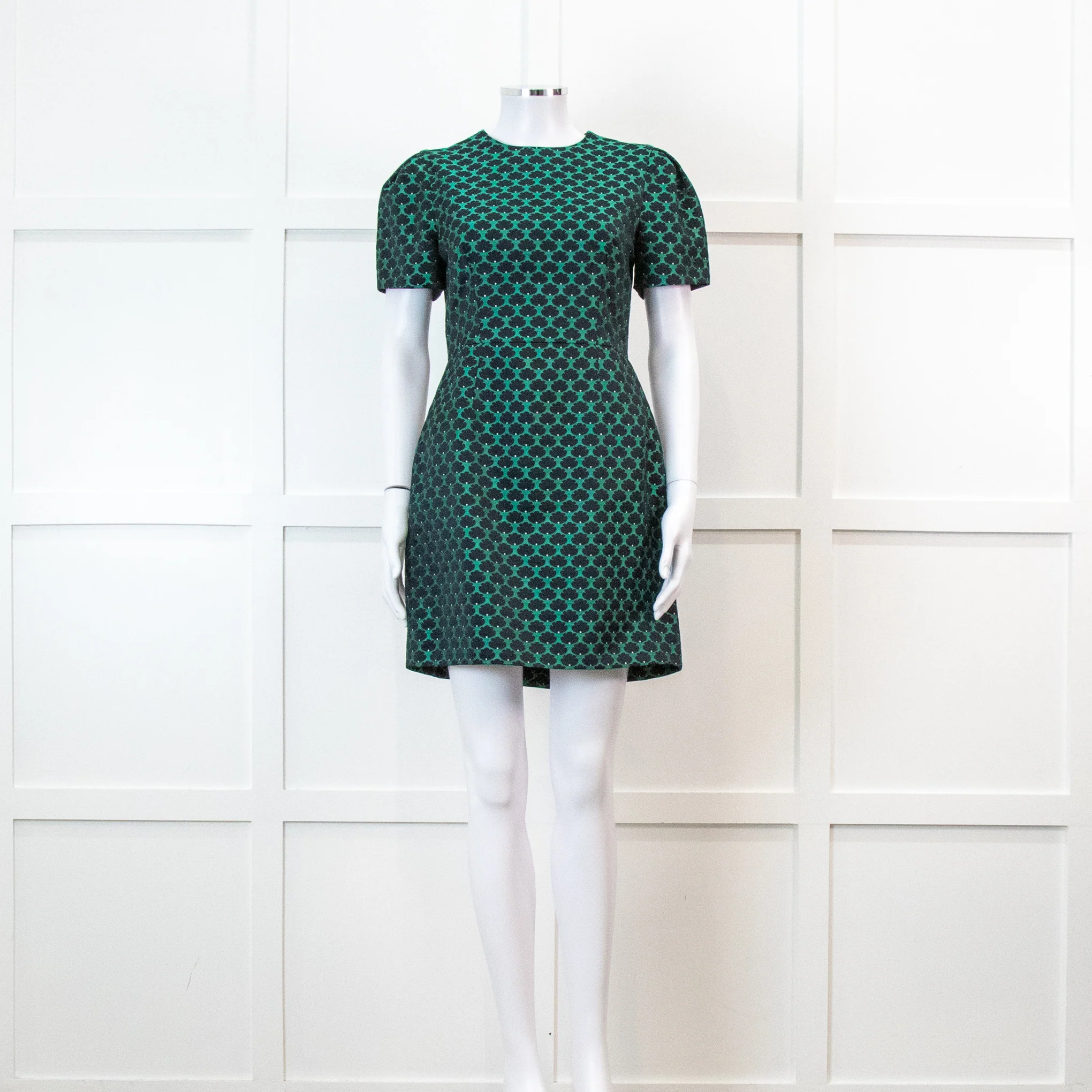 Mary Katrantzou Green and Black Jacquard Short Sleeve Mini Dress