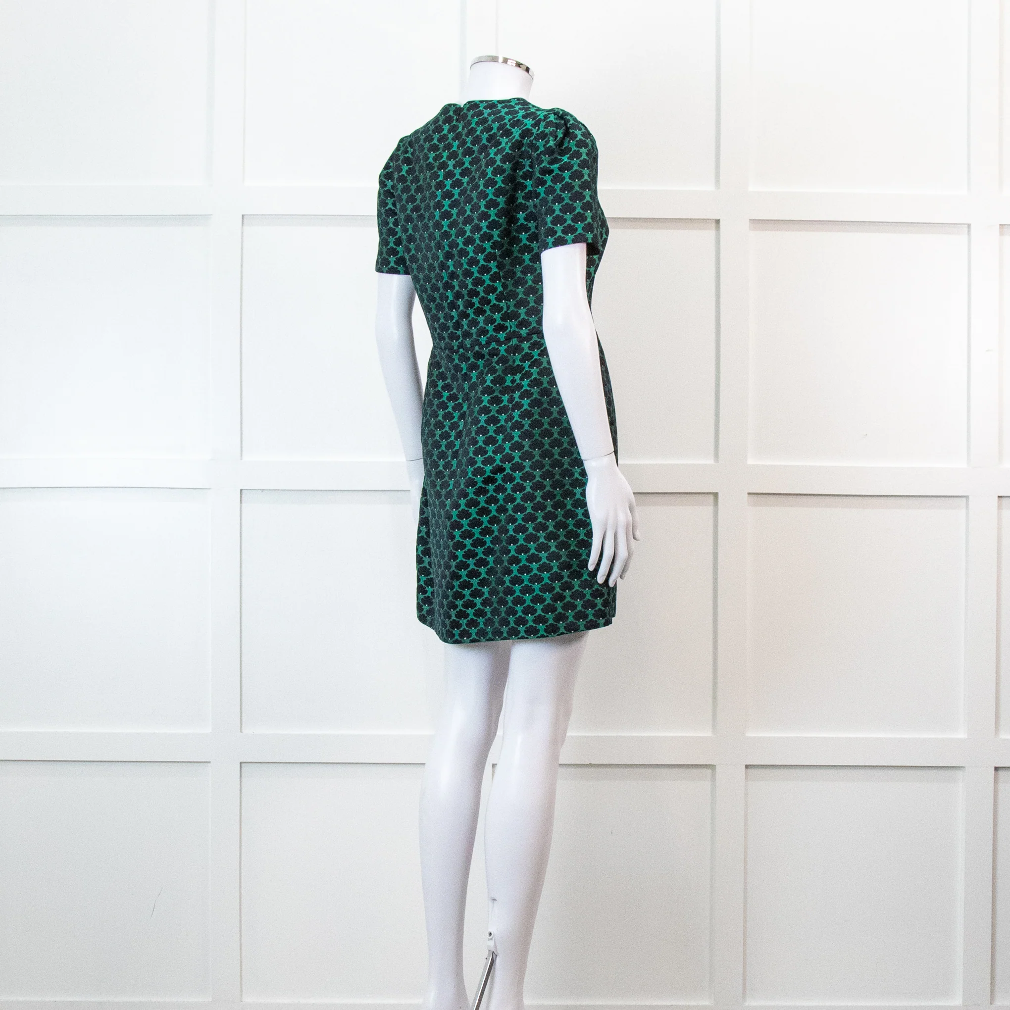 Mary Katrantzou Green and Black Jacquard Short Sleeve Mini Dress - Image 4