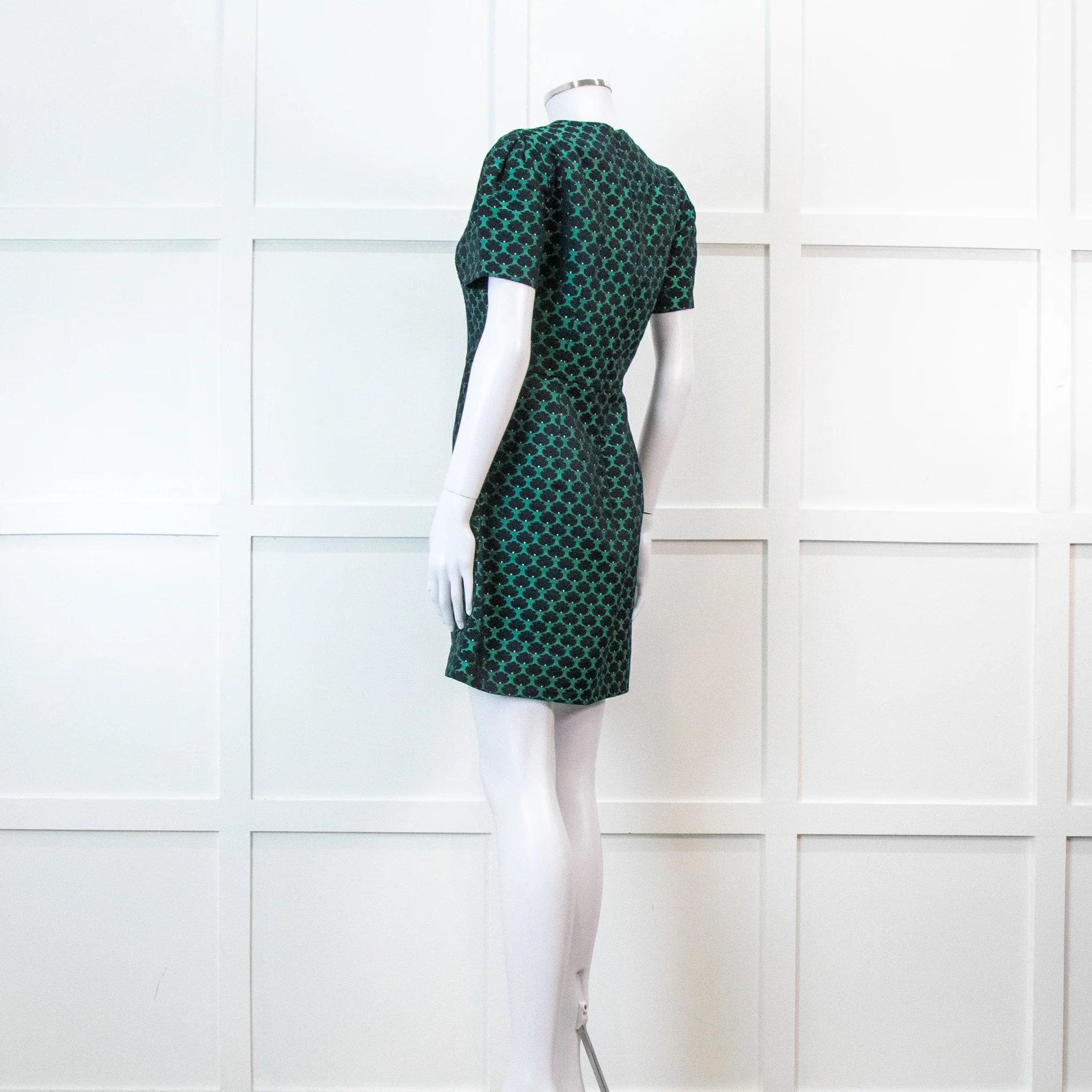 Mary Katrantzou Green and Black Jacquard Short Sleeve Mini Dress - Image 6