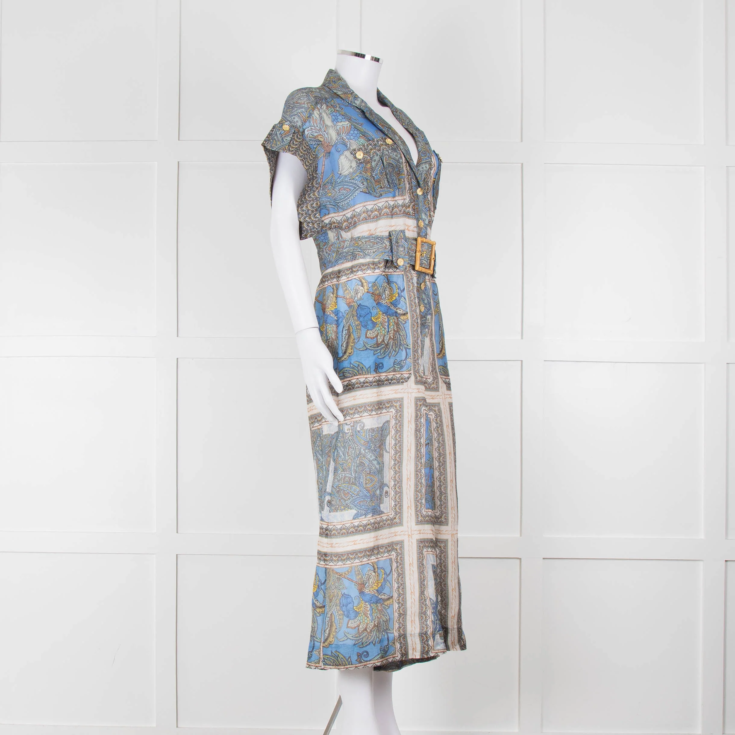 Maryan Mehlhorn Cream Blue Paisley Print Silk Blend Belted Jumpsuit - Image 2
