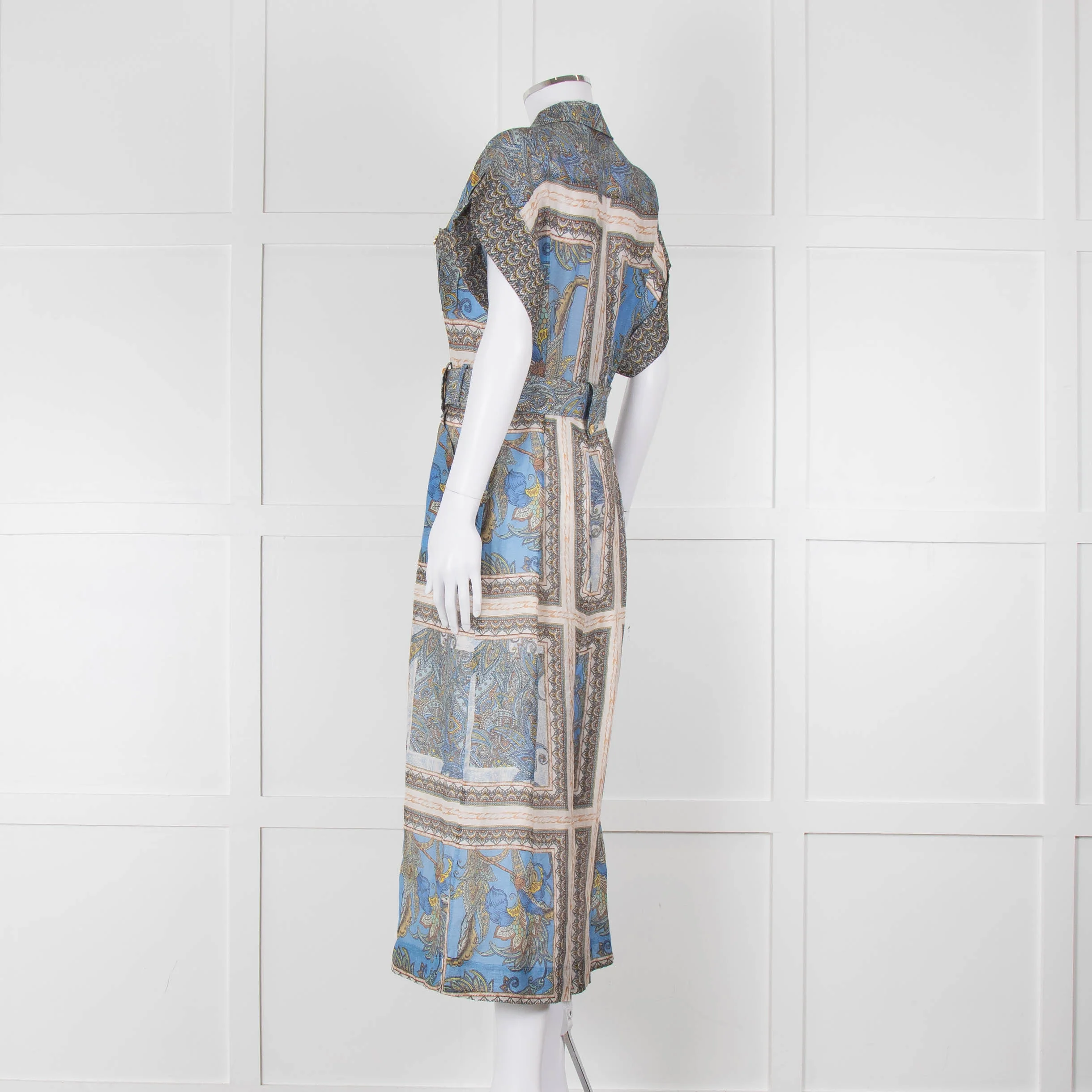 Maryan Mehlhorn Cream Blue Paisley Print Silk Blend Belted Jumpsuit - Image 6