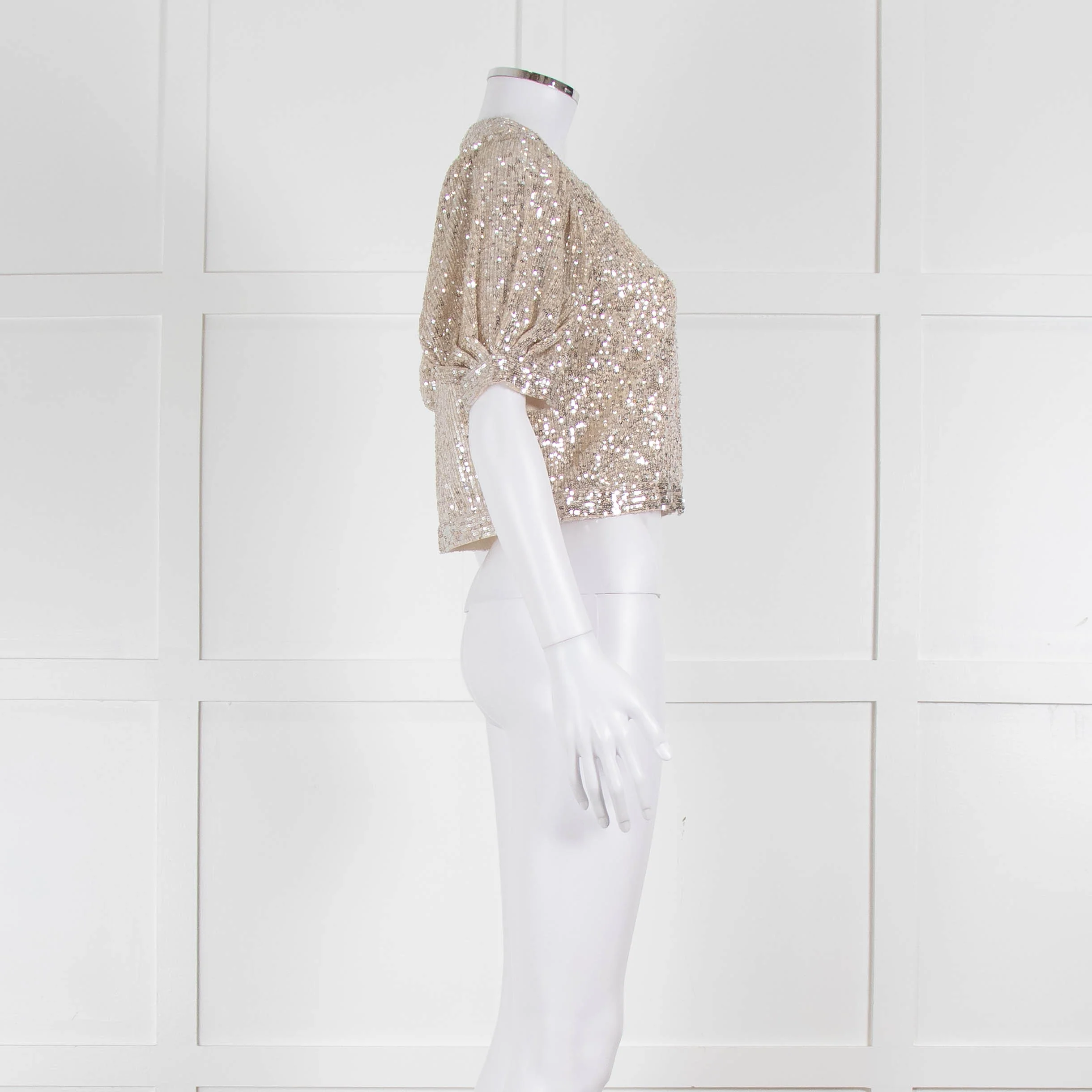 Masscob Beige Silver Sequin Half Sleeve Cropped Top - Image 3