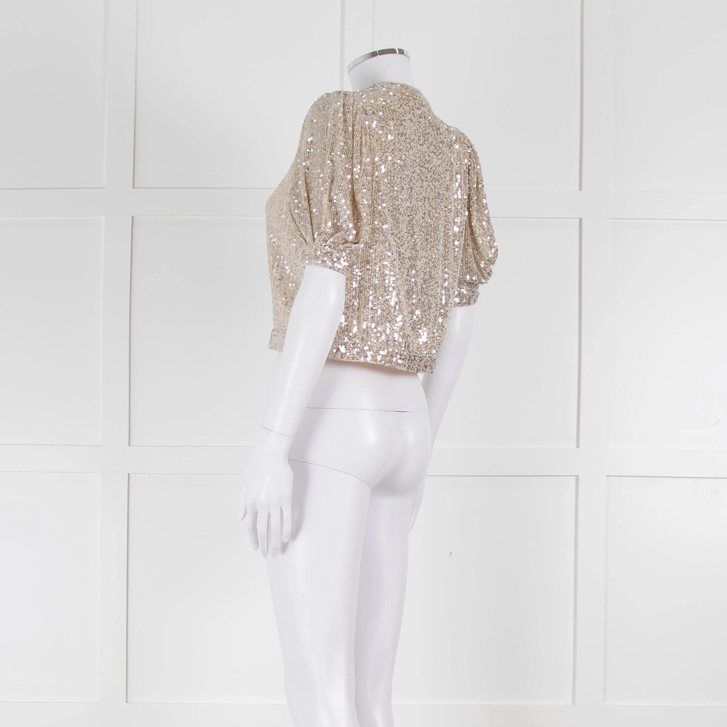 Masscob Beige Silver Sequin Half Sleeve Cropped Top - Image 6