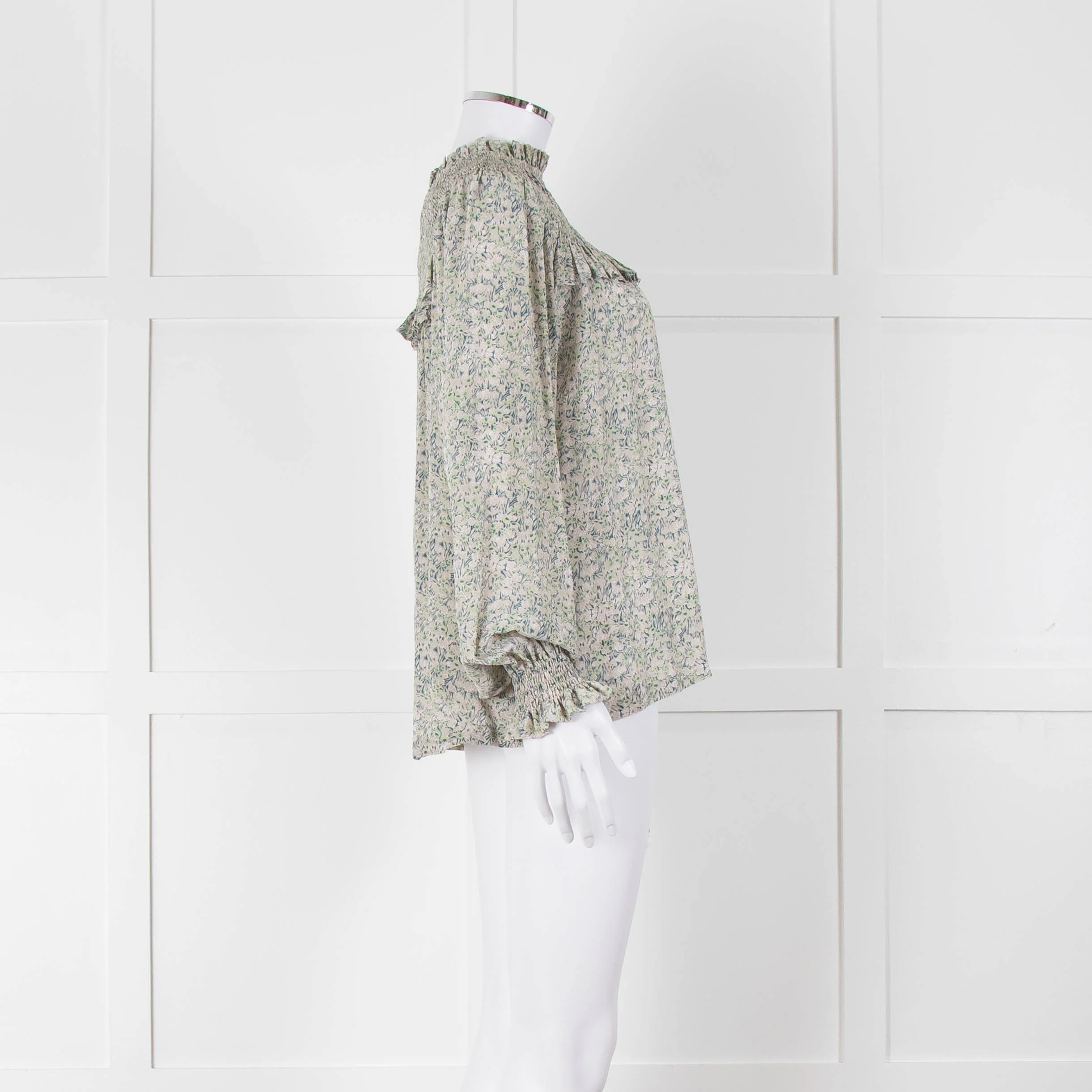 Masscob Green Grey Floral Smock Silk Top - Image 3