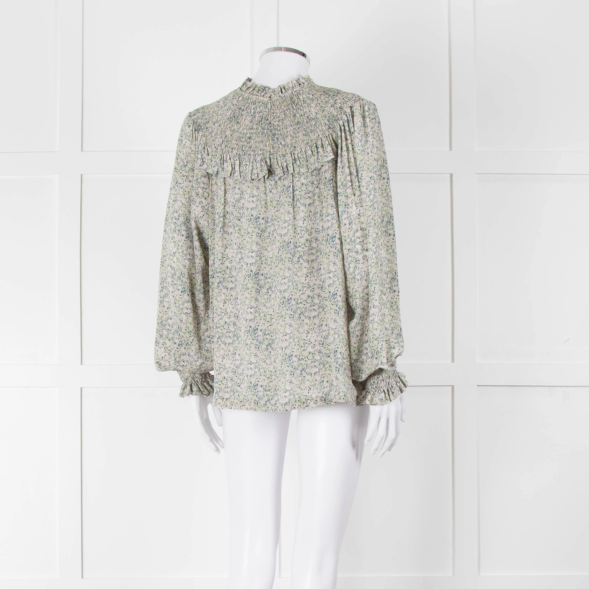 Masscob Green Grey Floral Smock Silk Top - Image 4