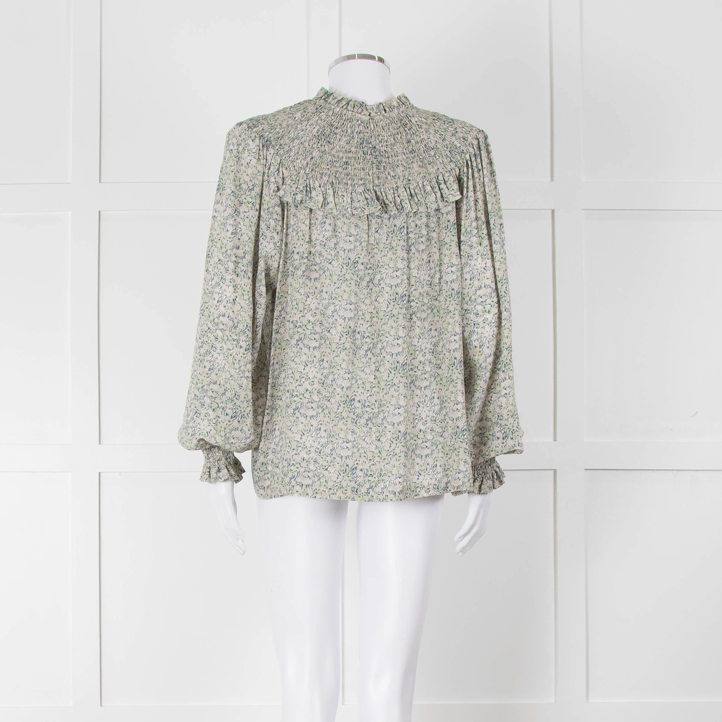 Masscob Green Grey Floral Smock Silk Top - Image 5