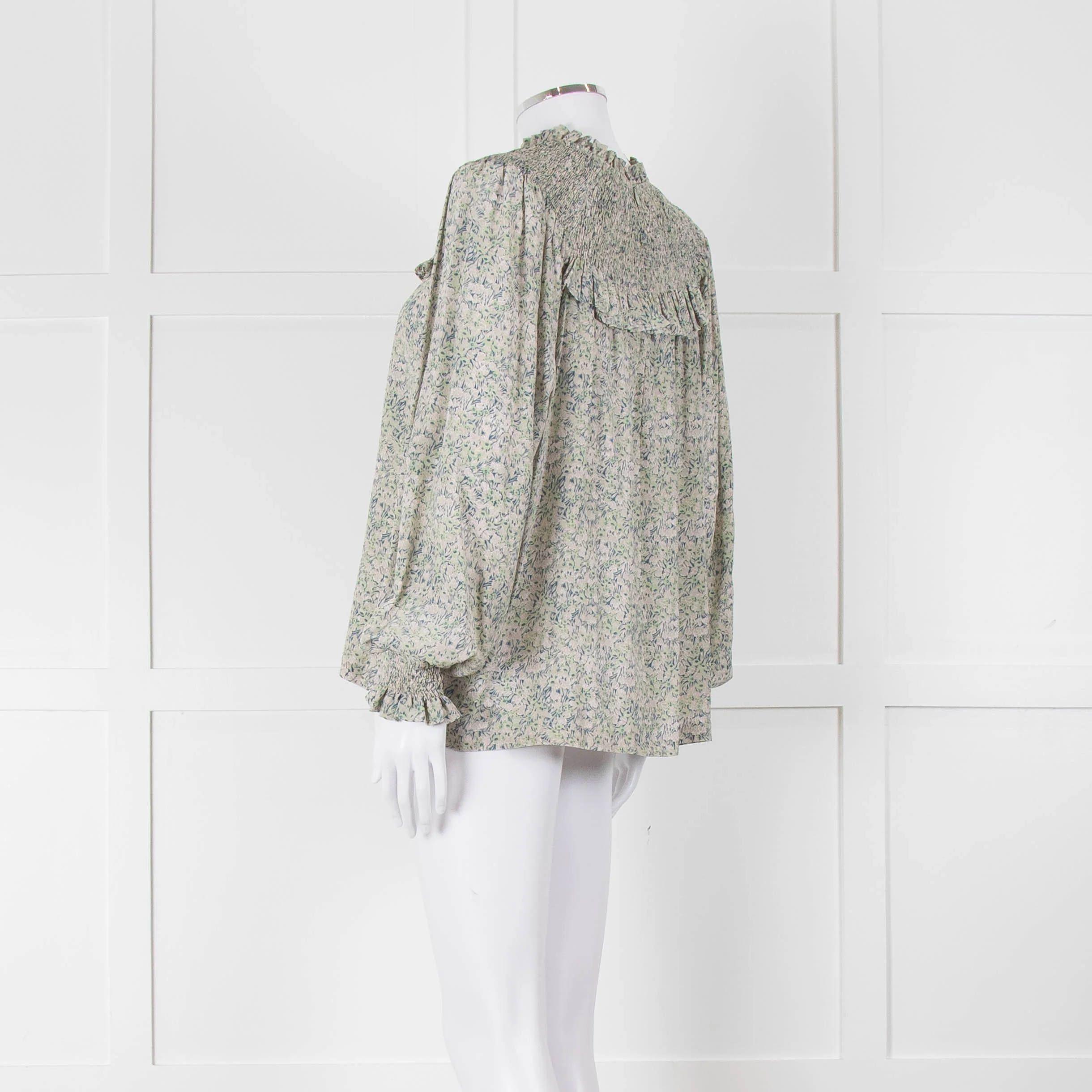 Masscob Green Grey Floral Smock Silk Top - Image 6