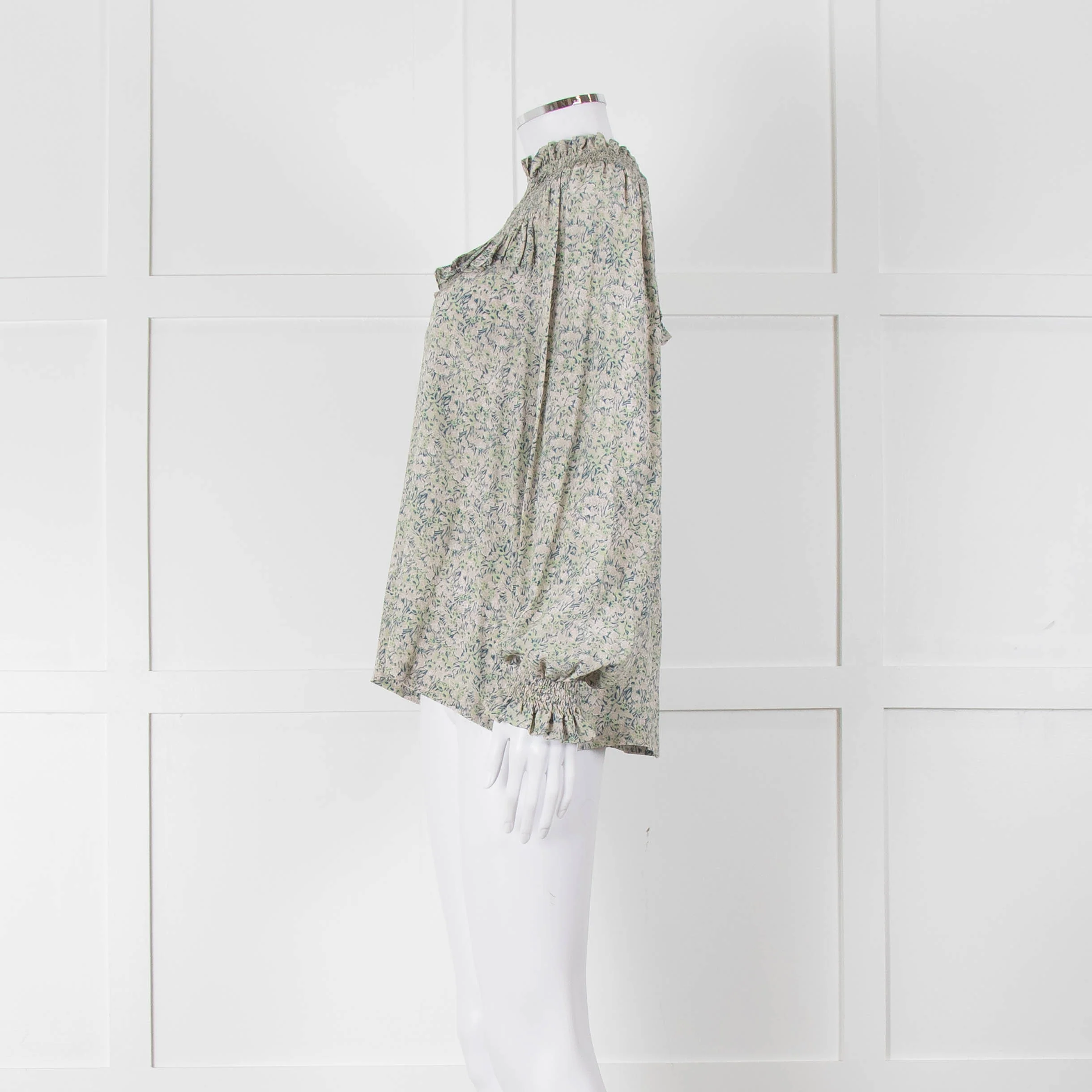 Masscob Green Grey Floral Smock Silk Top - Image 7