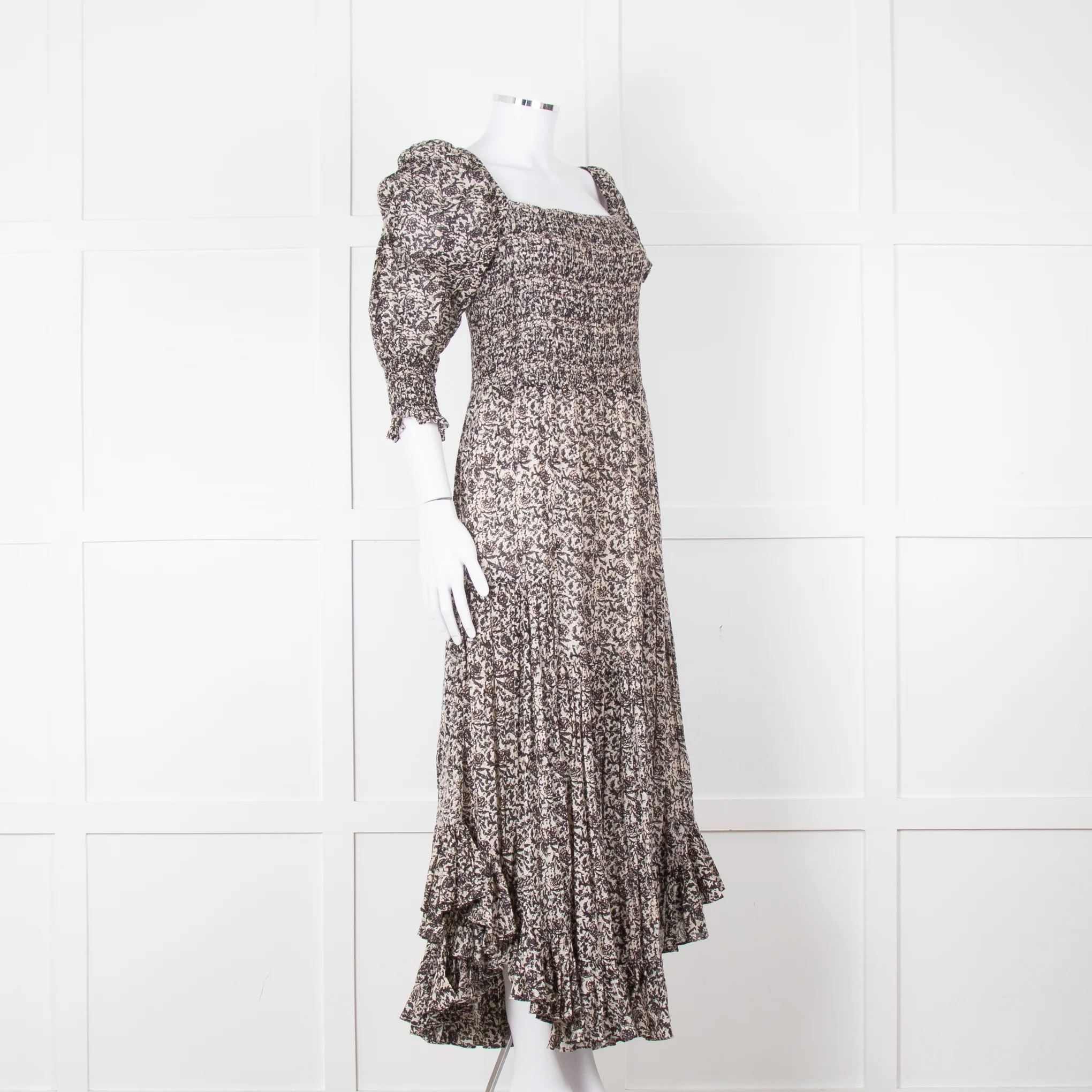 Masscob Grey Brown Print Smocking Detail Cotton Dress - Image 2