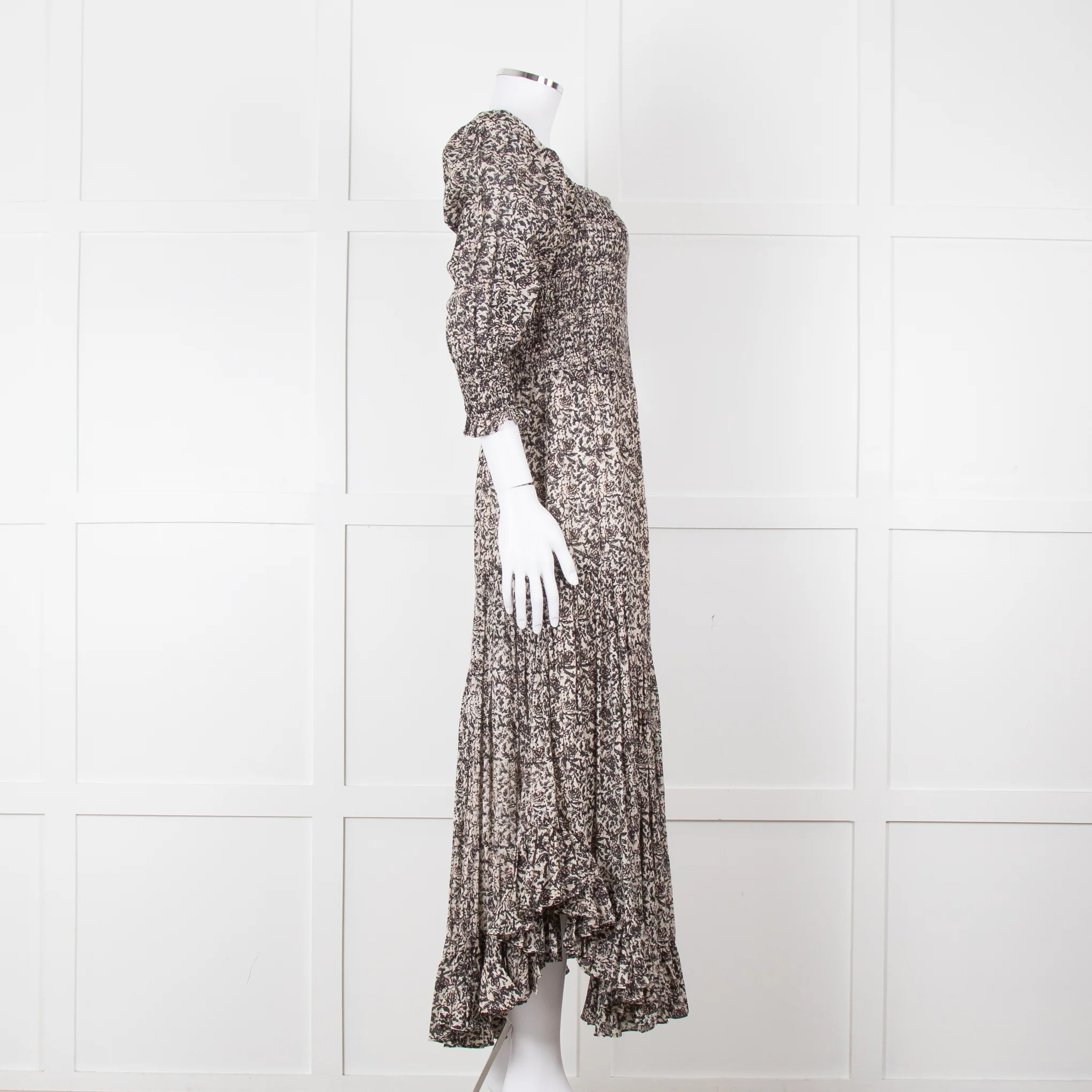 Masscob Grey Brown Print Smocking Detail Cotton Dress - Image 3