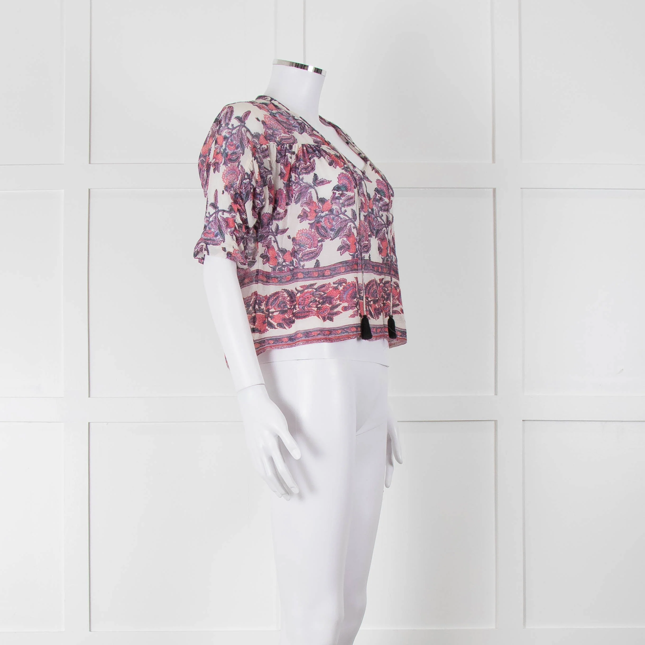 Masscob White Purple Floral Cropped Neck Tie Top - Image 2