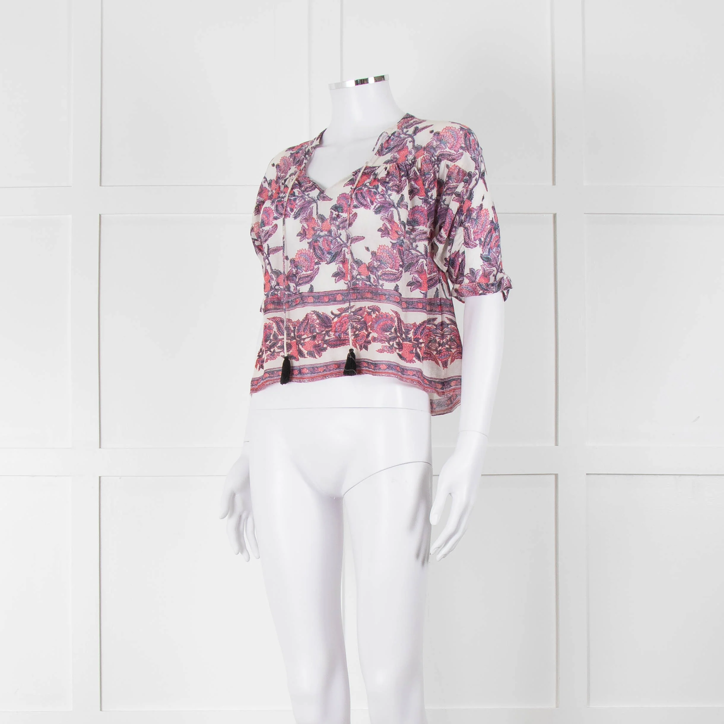 Masscob White Purple Floral Cropped Neck Tie Top - Image 8