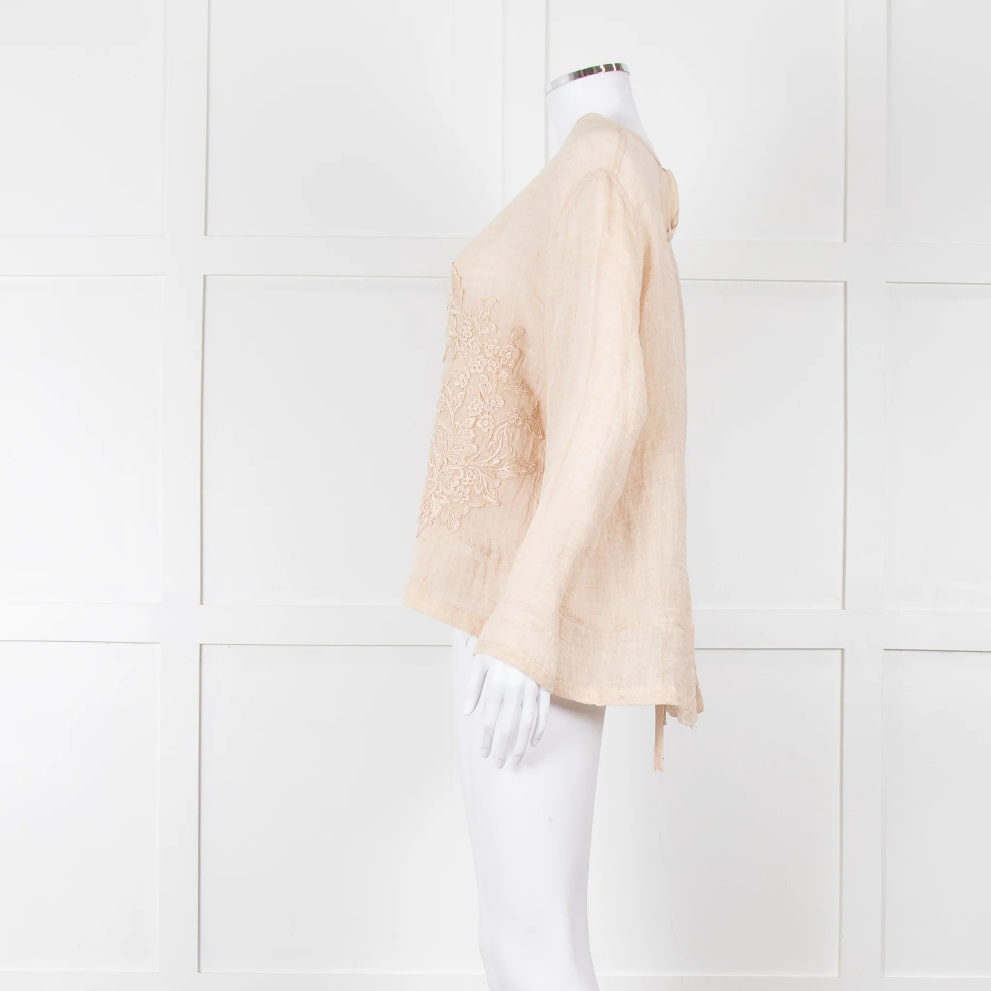 Maurizio Beige Linen Embroidered Tie Back Top - Image 3
