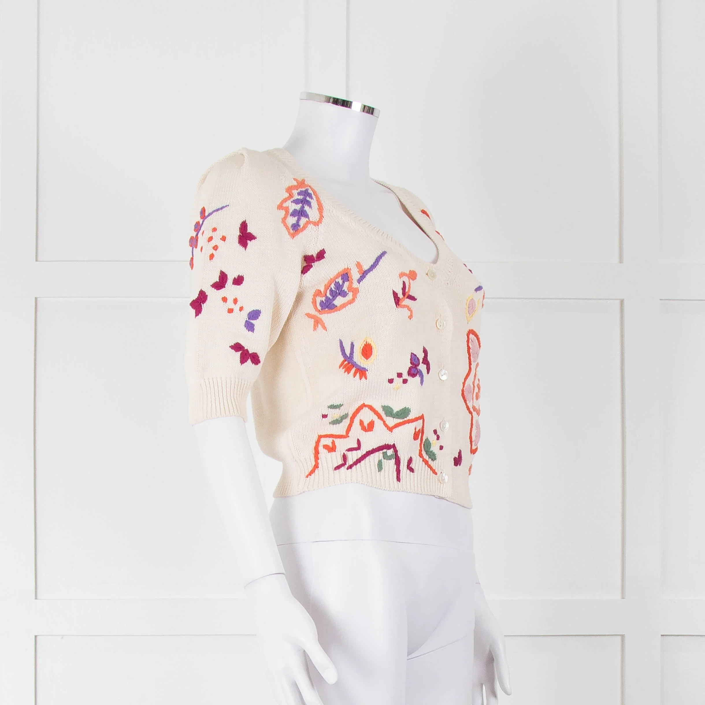 Max & Co Cream Cotton Knit Cardigan with Abstract Flower Embroidery - Image 2