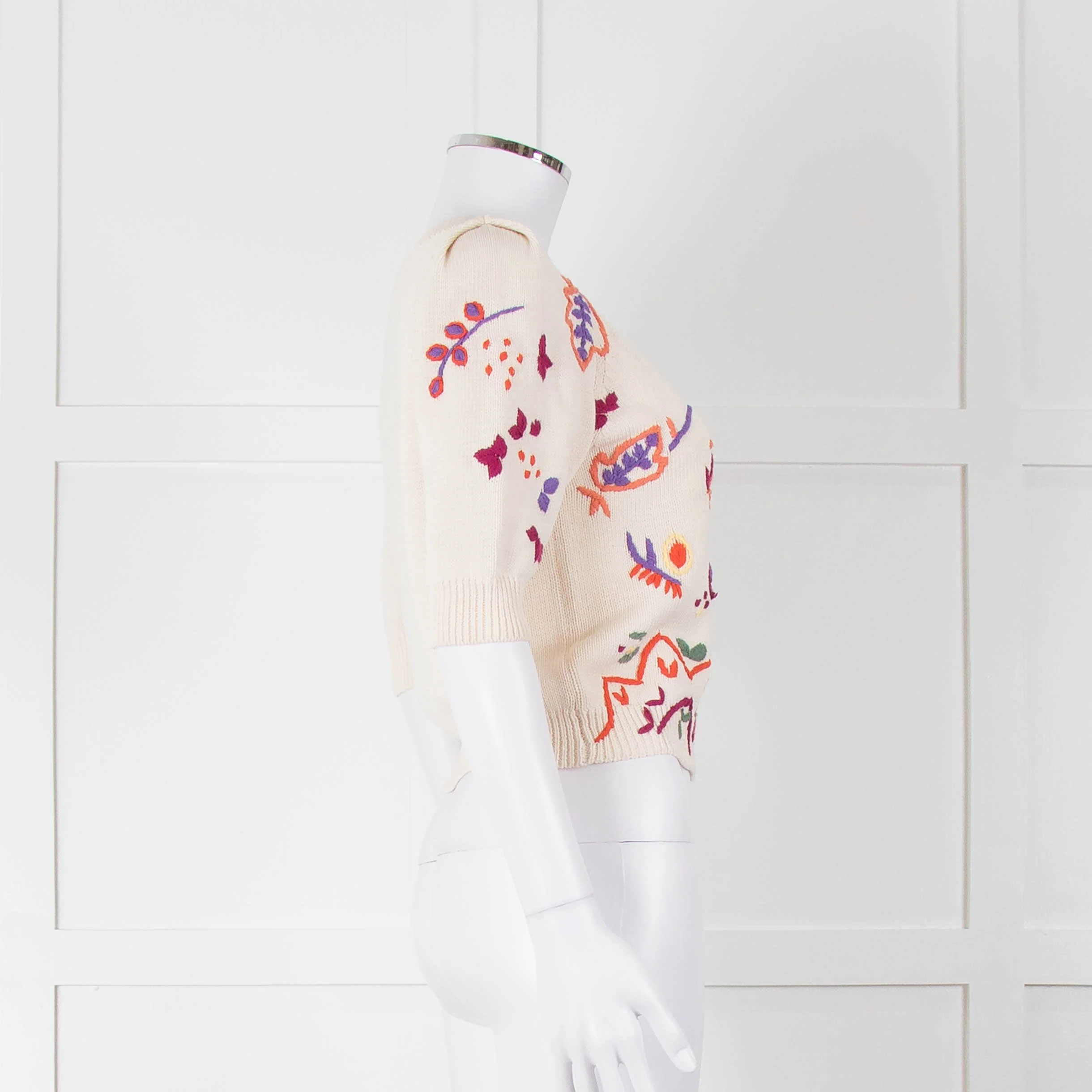 Max & Co Cream Cotton Knit Cardigan with Abstract Flower Embroidery - Image 3