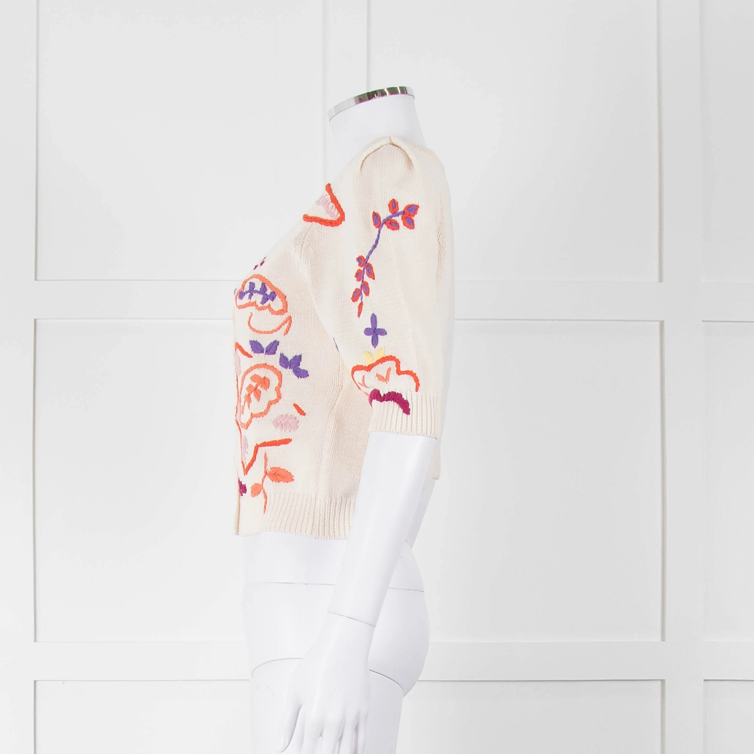 Max & Co Cream Cotton Knit Cardigan with Abstract Flower Embroidery - Image 7