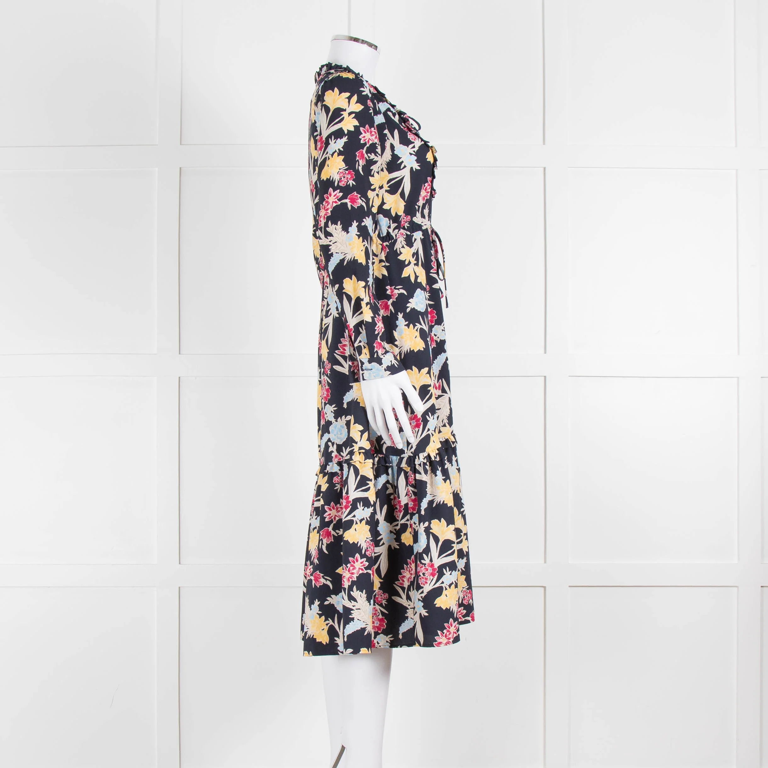 Max & Co Navy Yellow Blue Floral Frill Trim Long Sleeve Dress - Image 3