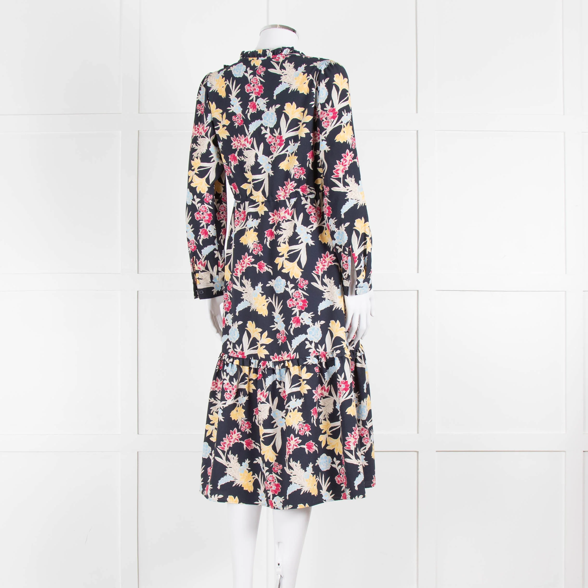 Max & Co Navy Yellow Blue Floral Frill Trim Long Sleeve Dress - Image 4