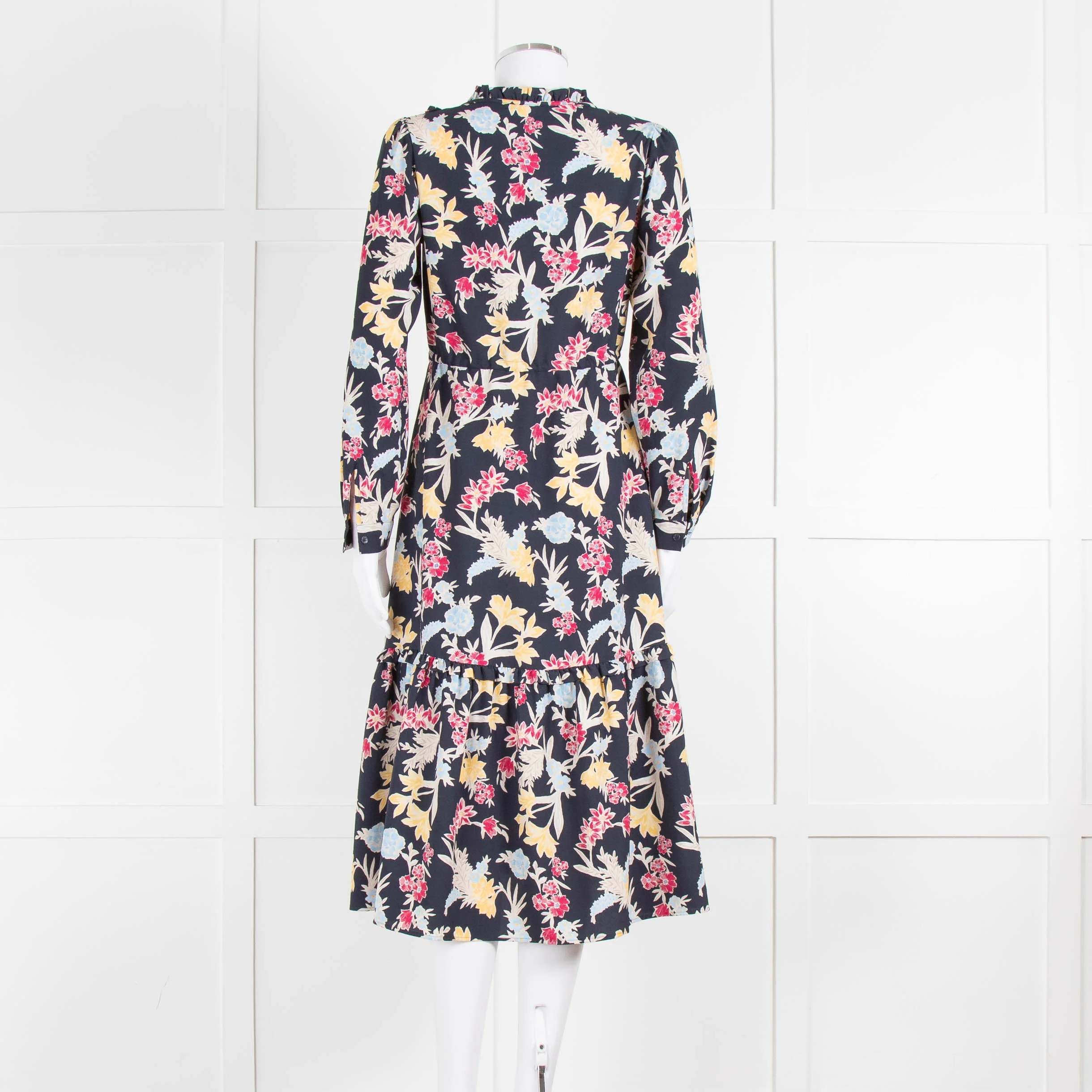 Max & Co Navy Yellow Blue Floral Frill Trim Long Sleeve Dress - Image 5