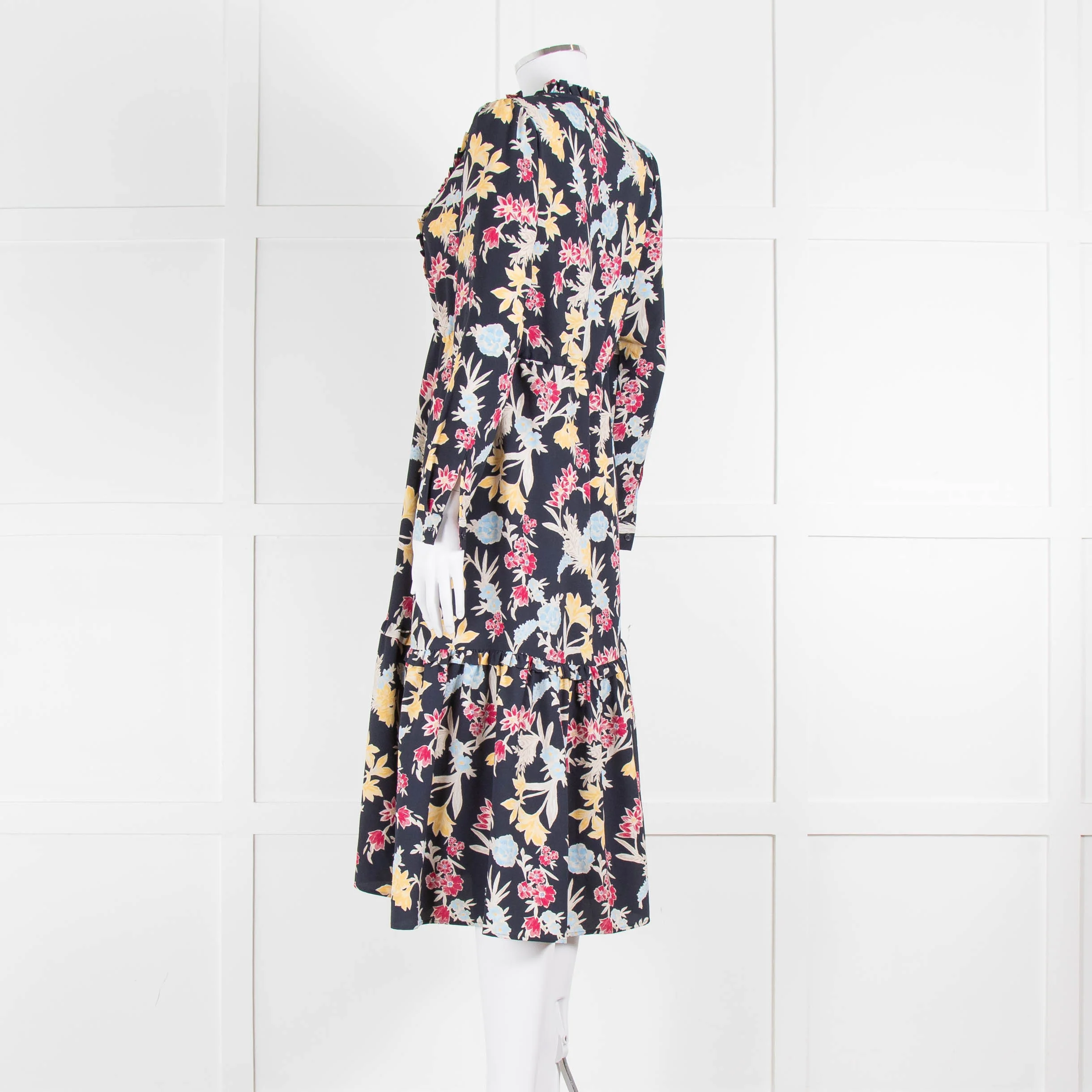 Max & Co Navy Yellow Blue Floral Frill Trim Long Sleeve Dress - Image 6