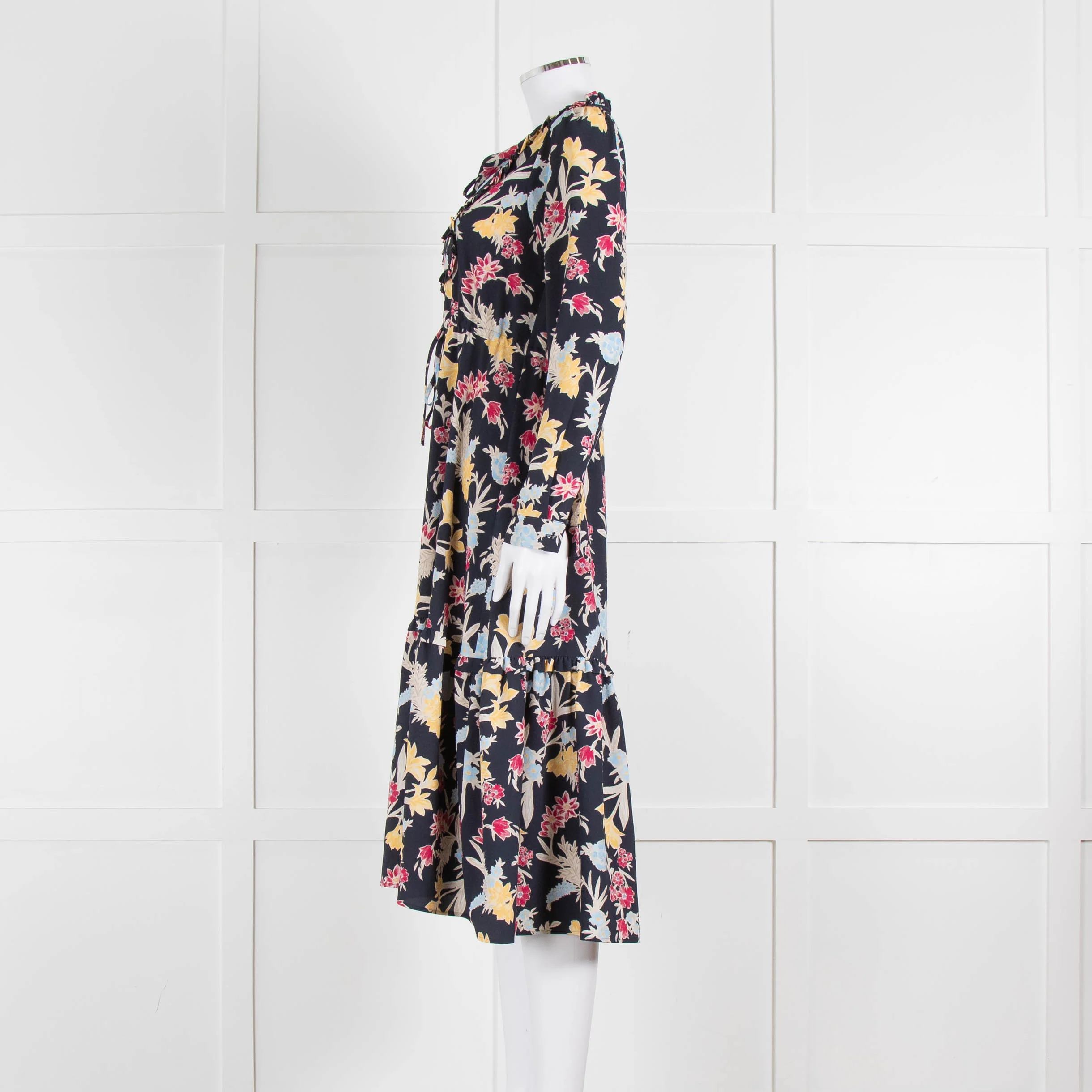 Max & Co Navy Yellow Blue Floral Frill Trim Long Sleeve Dress - Image 7