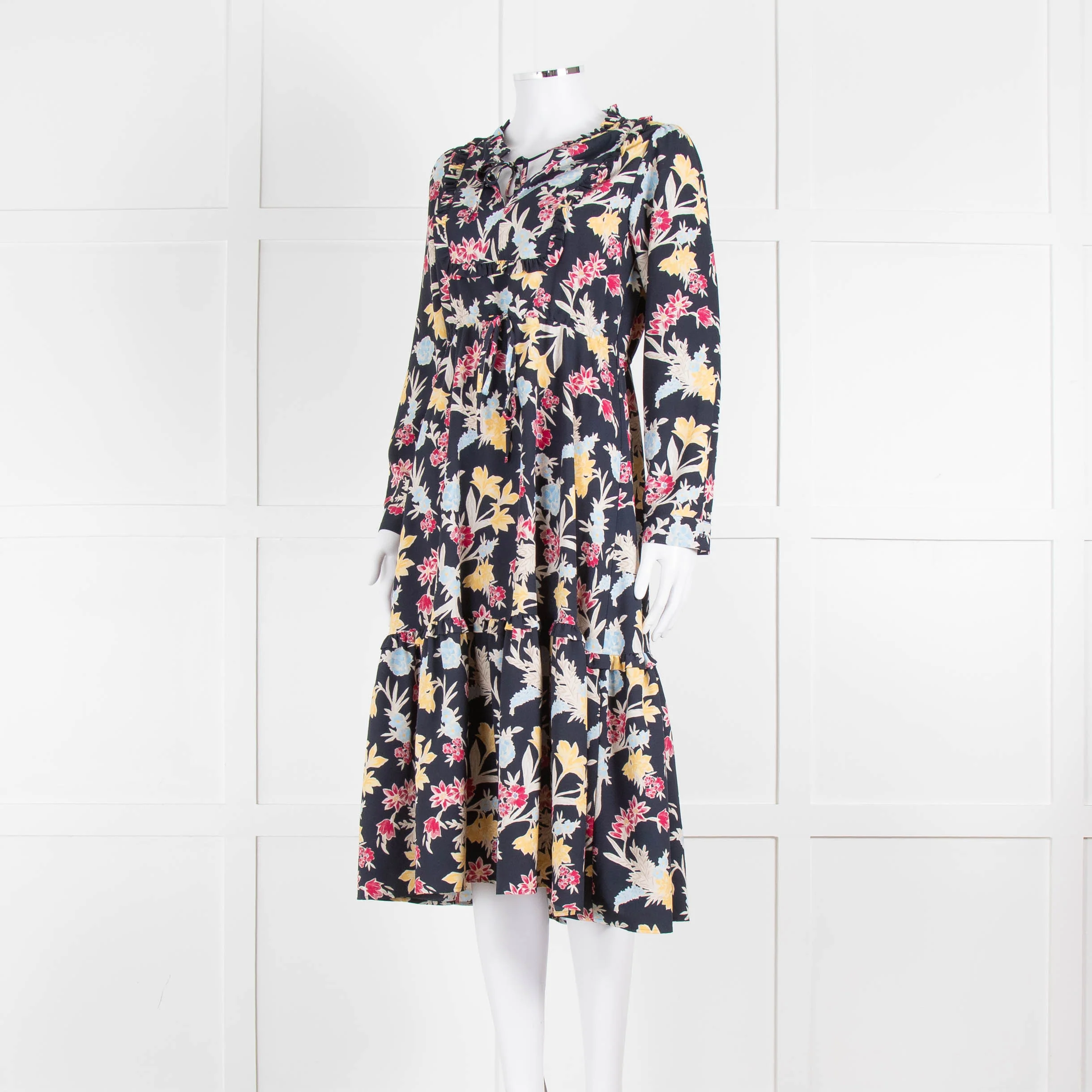 Max & Co Navy Yellow Blue Floral Frill Trim Long Sleeve Dress - Image 8