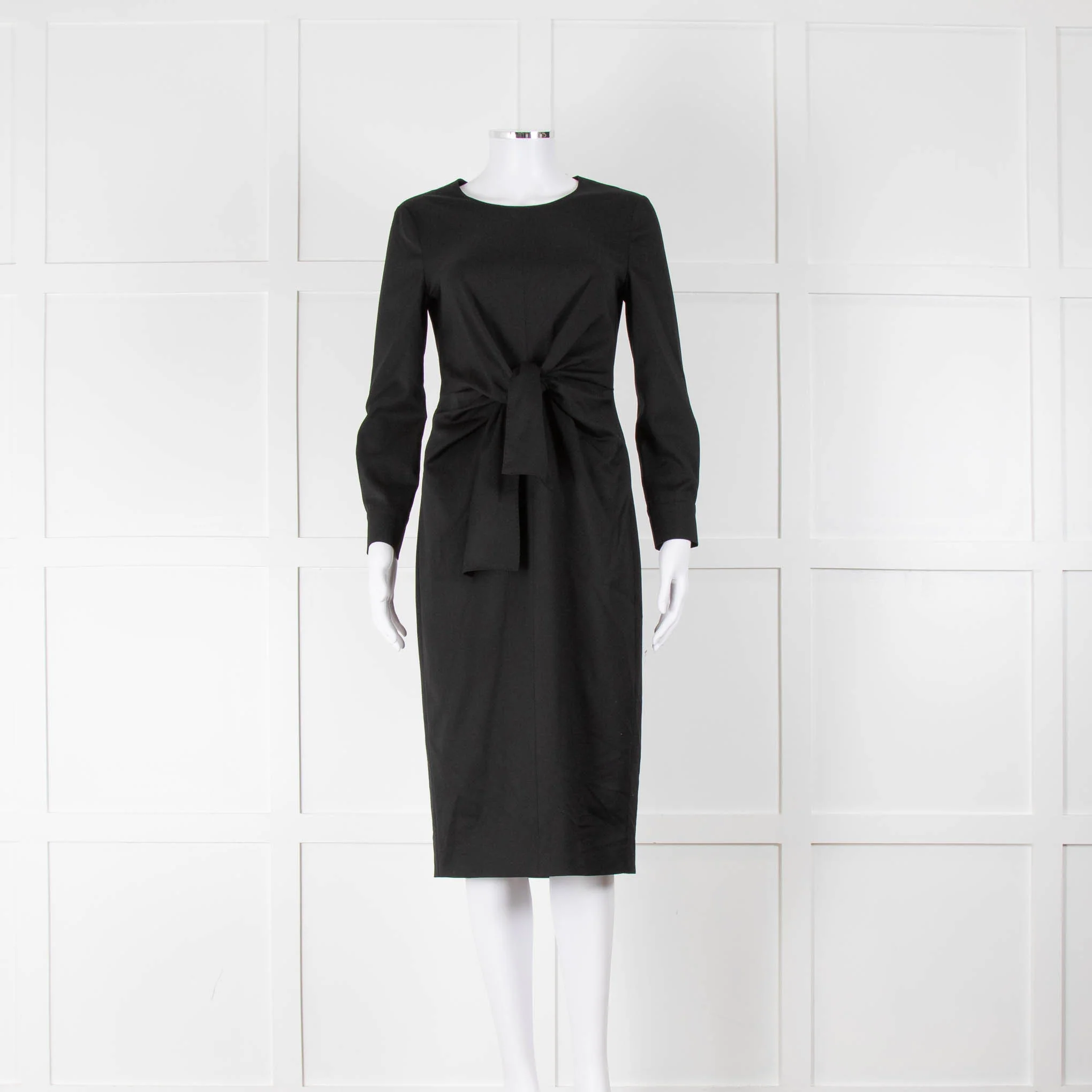 Max Mara Black Tie Front Long Sleeve Midi Wool Dress