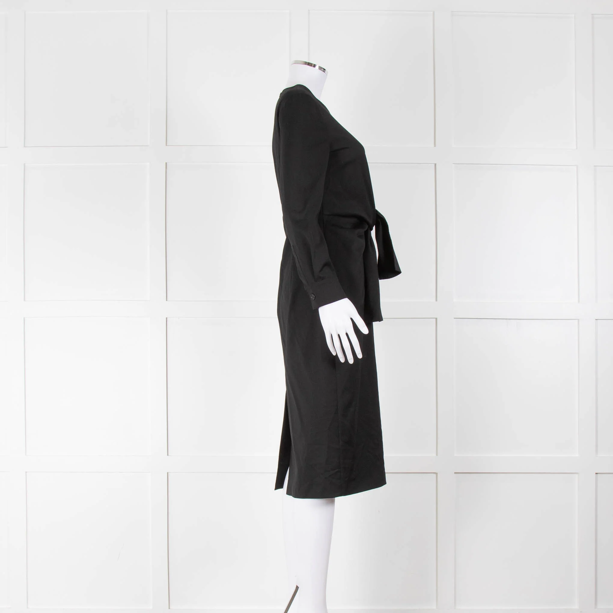 Max Mara Black Tie Front Long Sleeve Midi Wool Dress - Image 2