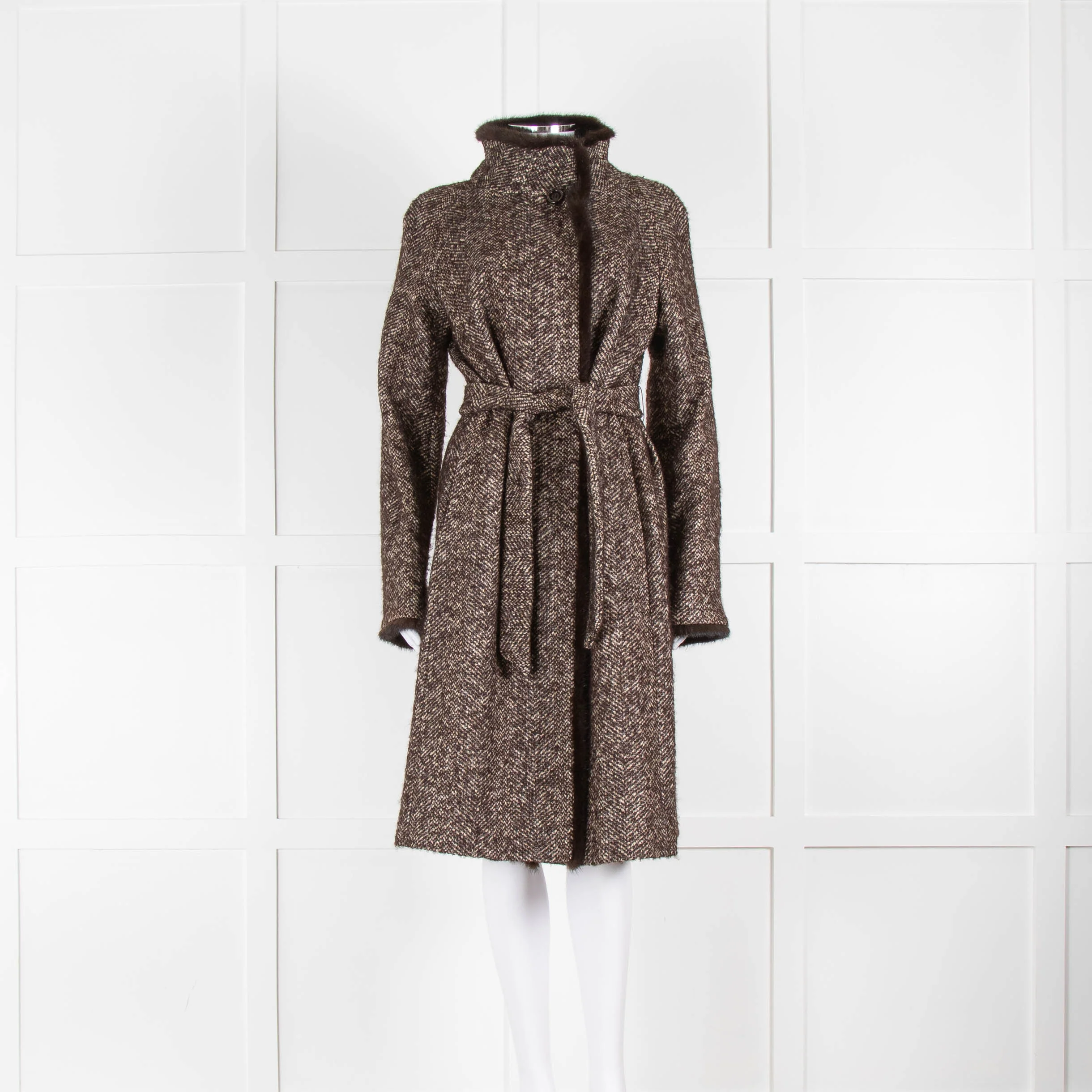 Max Mara Brown White Tweed Mink Trim Coat