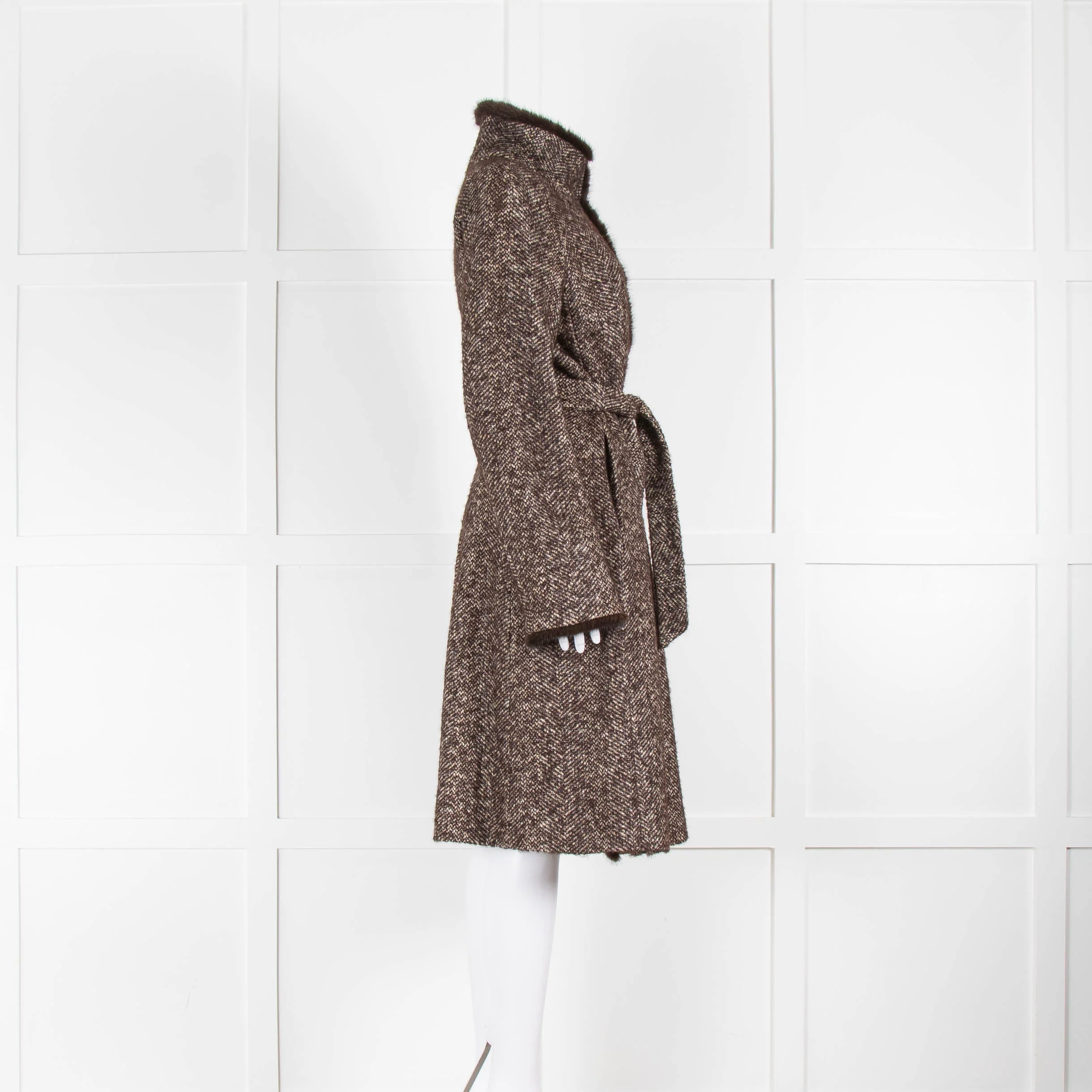 Max Mara Brown White Tweed Mink Trim Coat - Image 2