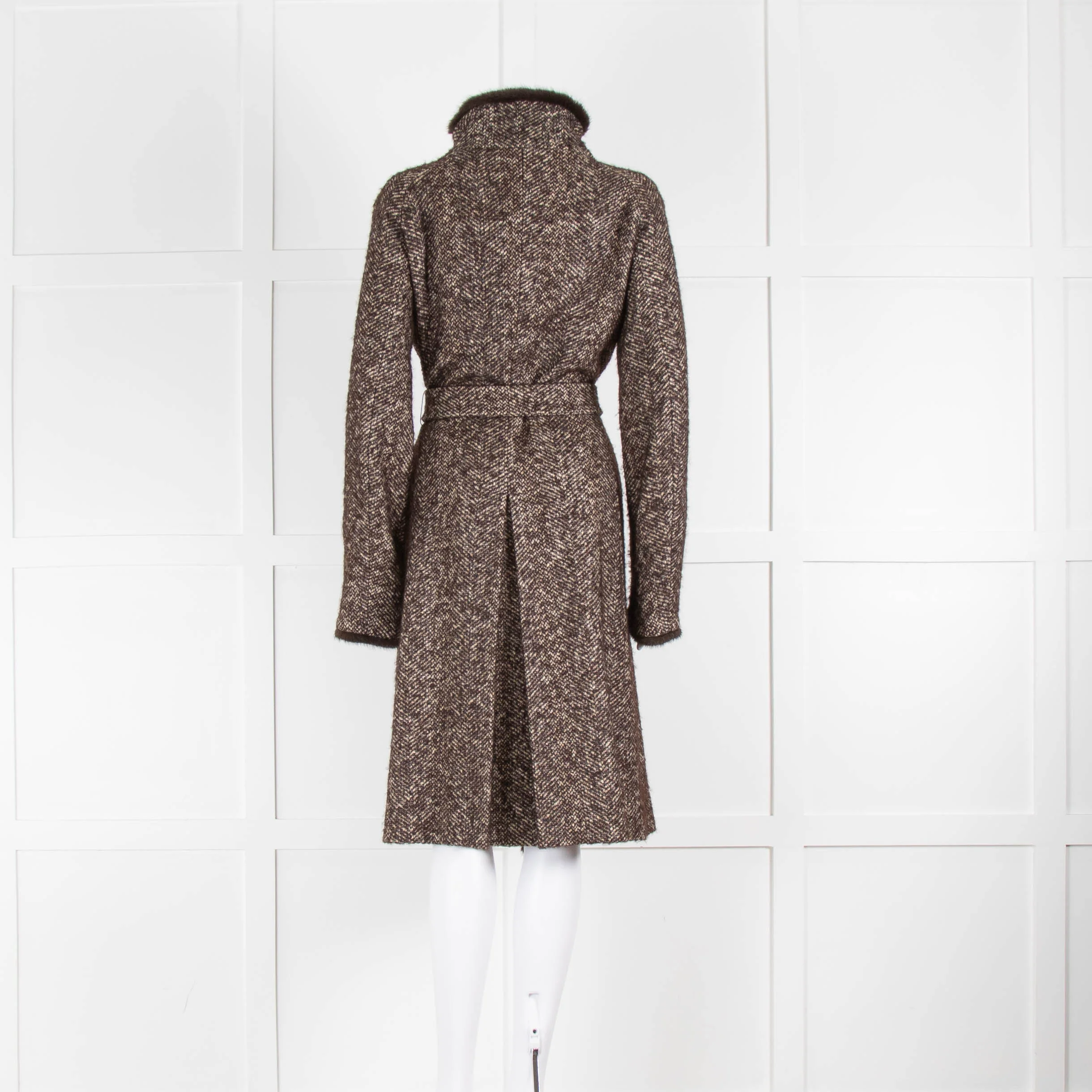 Max Mara Brown White Tweed Mink Trim Coat - Image 3