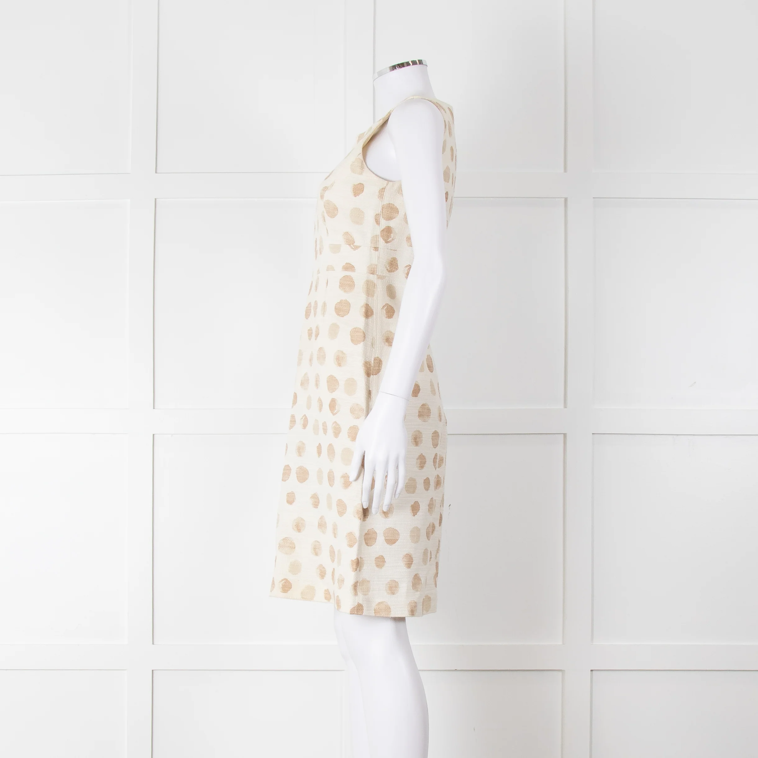 Max Mara Cream Brown Dots Sleeveless Tweedy Dress - Image 7