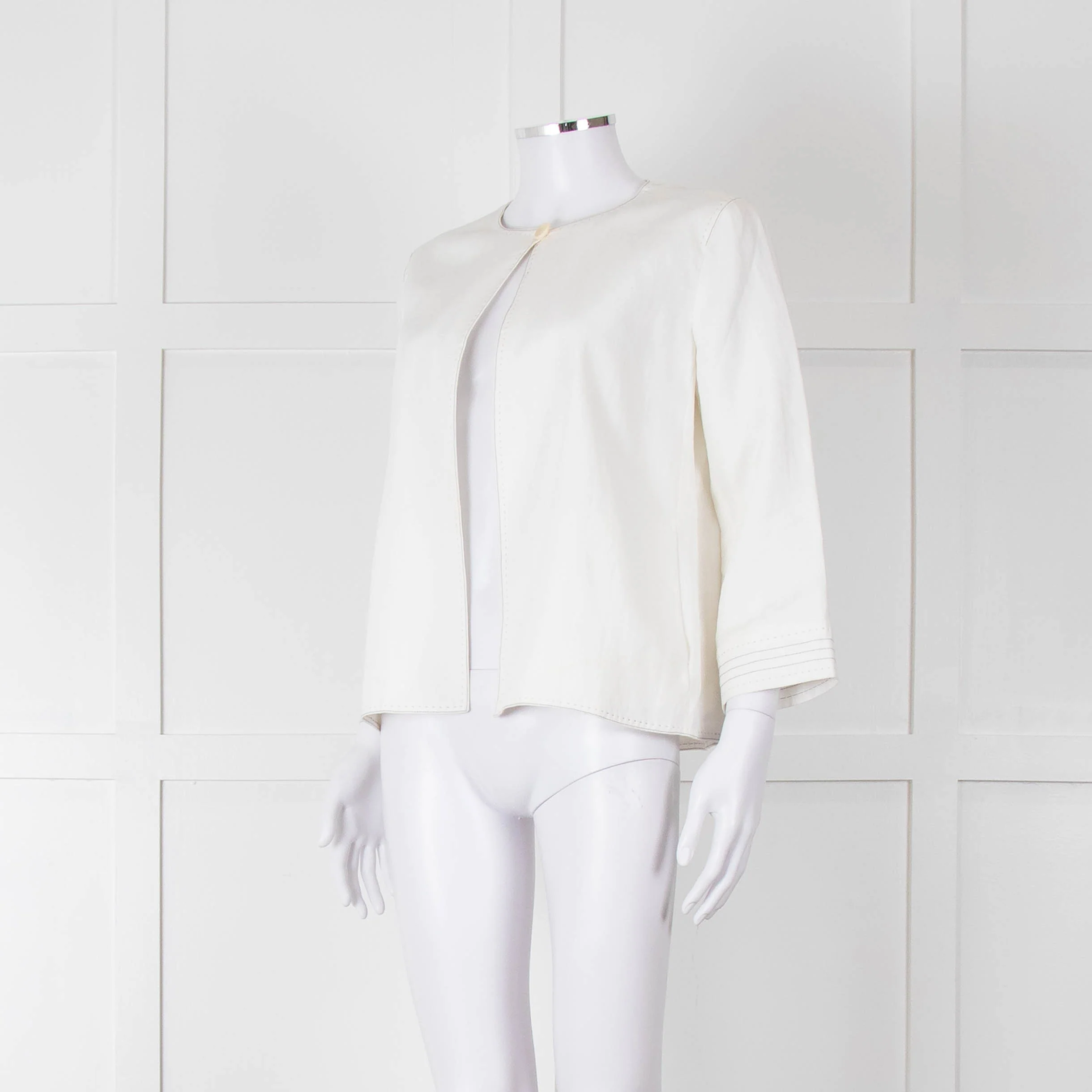 Max Mara Ivory Linen Stitch Detail Single Button Jacket - Image 8
