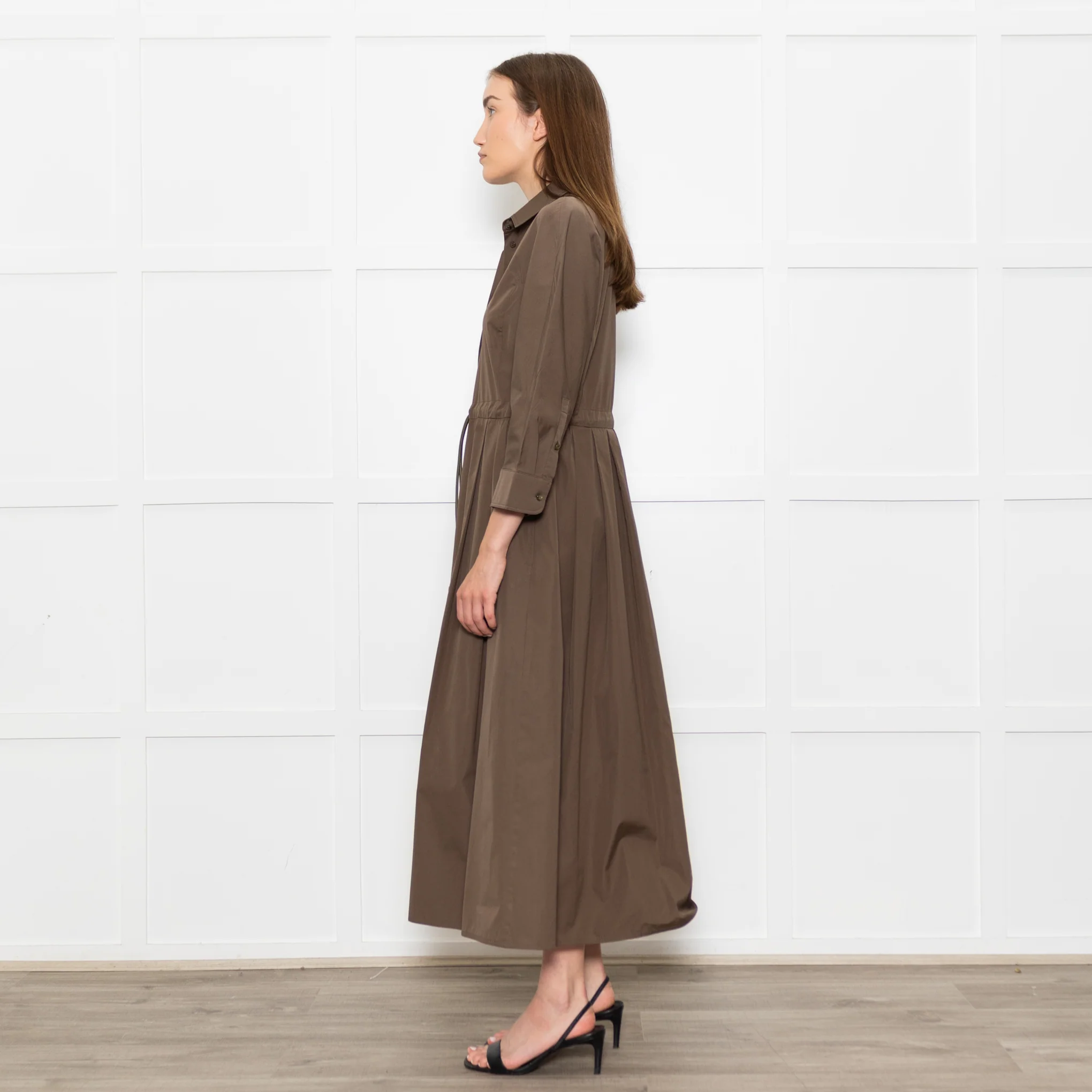 Max Mara Khaki Drawstring Waist Shirt Dress - Image 4