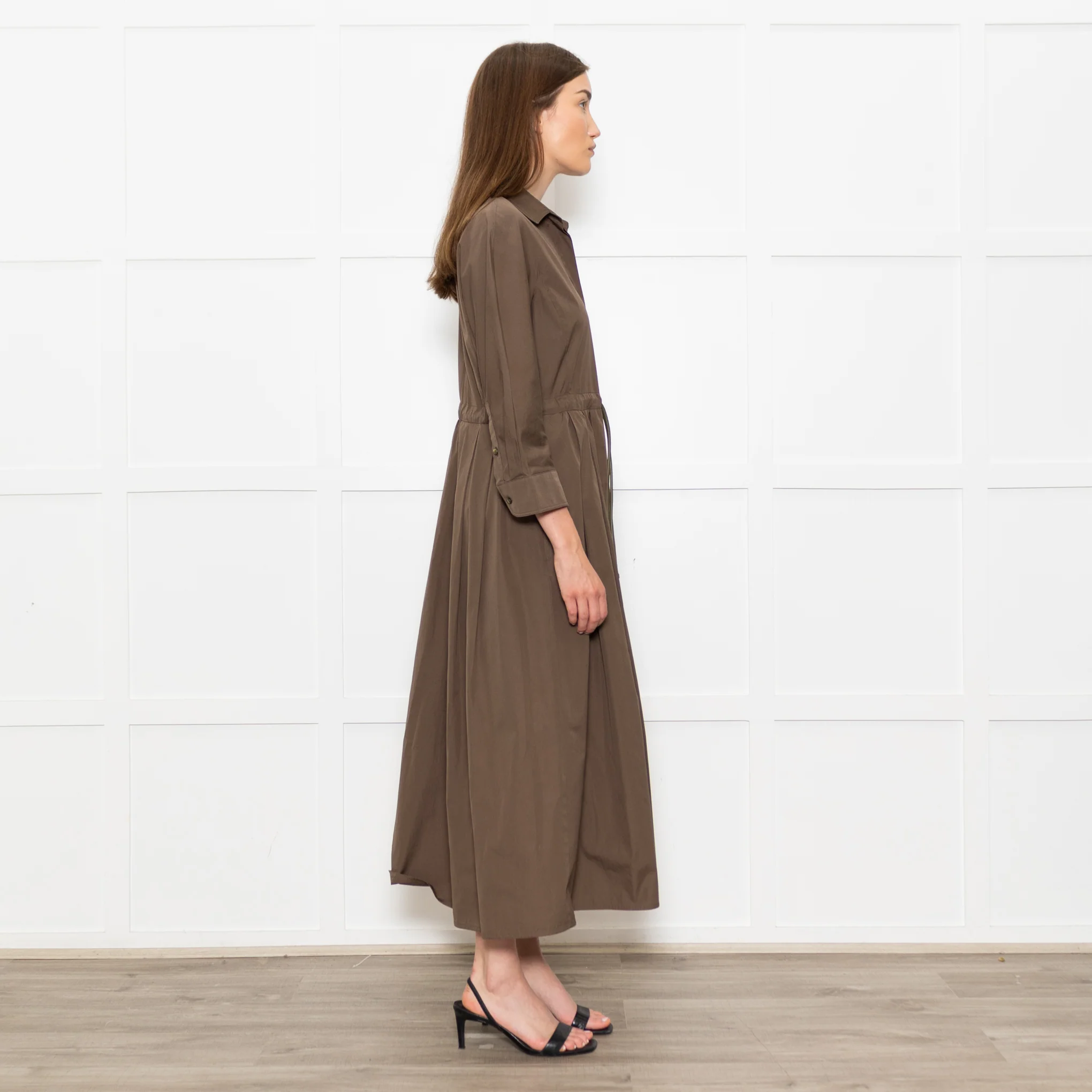 Max Mara Khaki Drawstring Waist Shirt Dress - Image 6