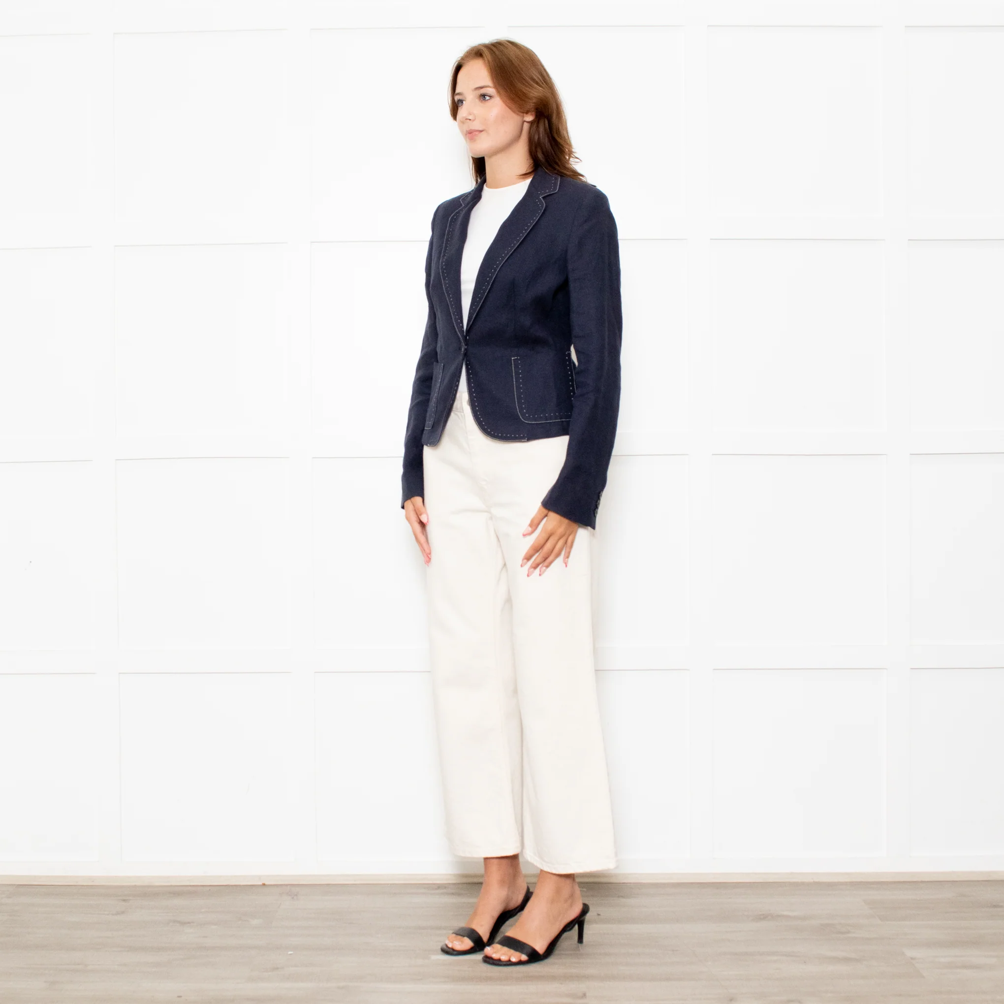 Max Mara Navy Blue Linen Stitch Detail Jacket - Image 3