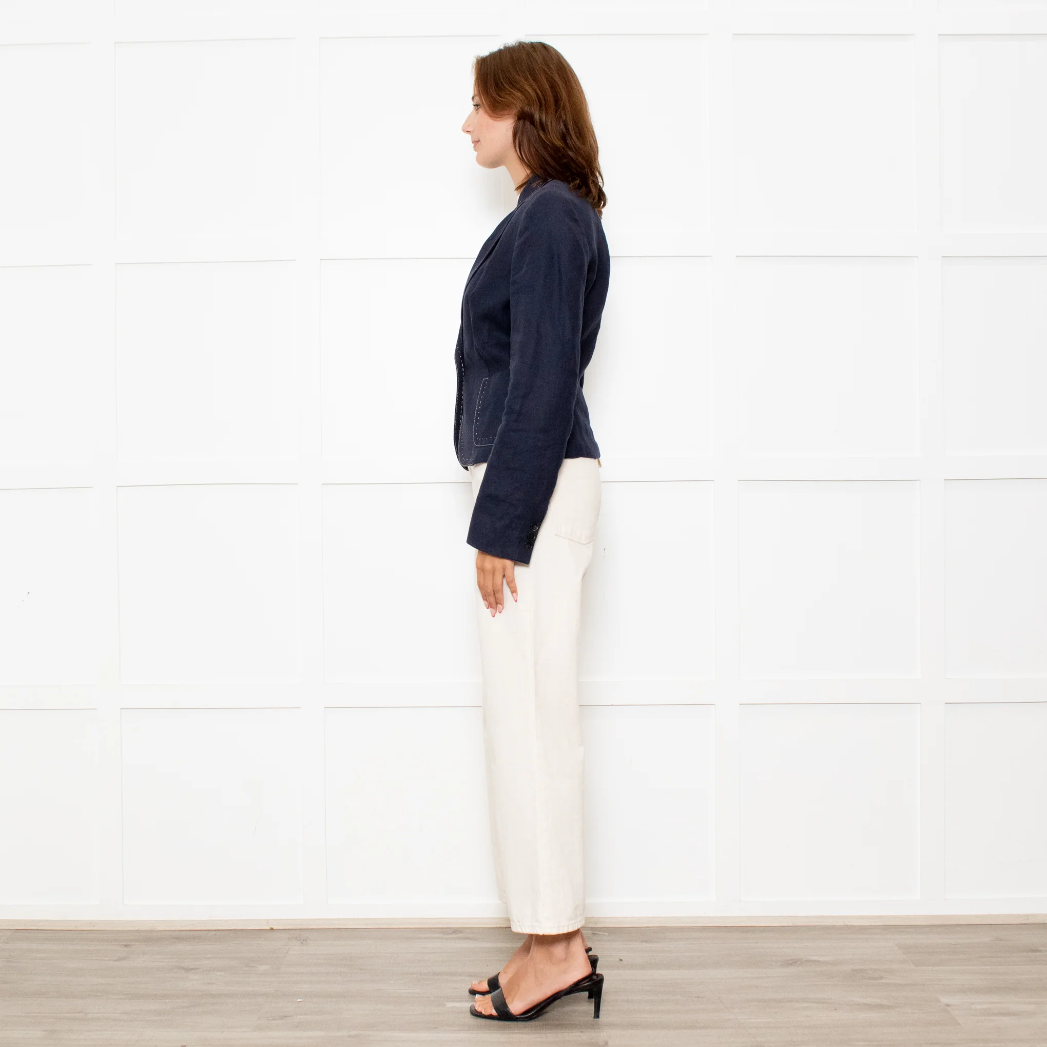 Max Mara Navy Blue Linen Stitch Detail Jacket - Image 4