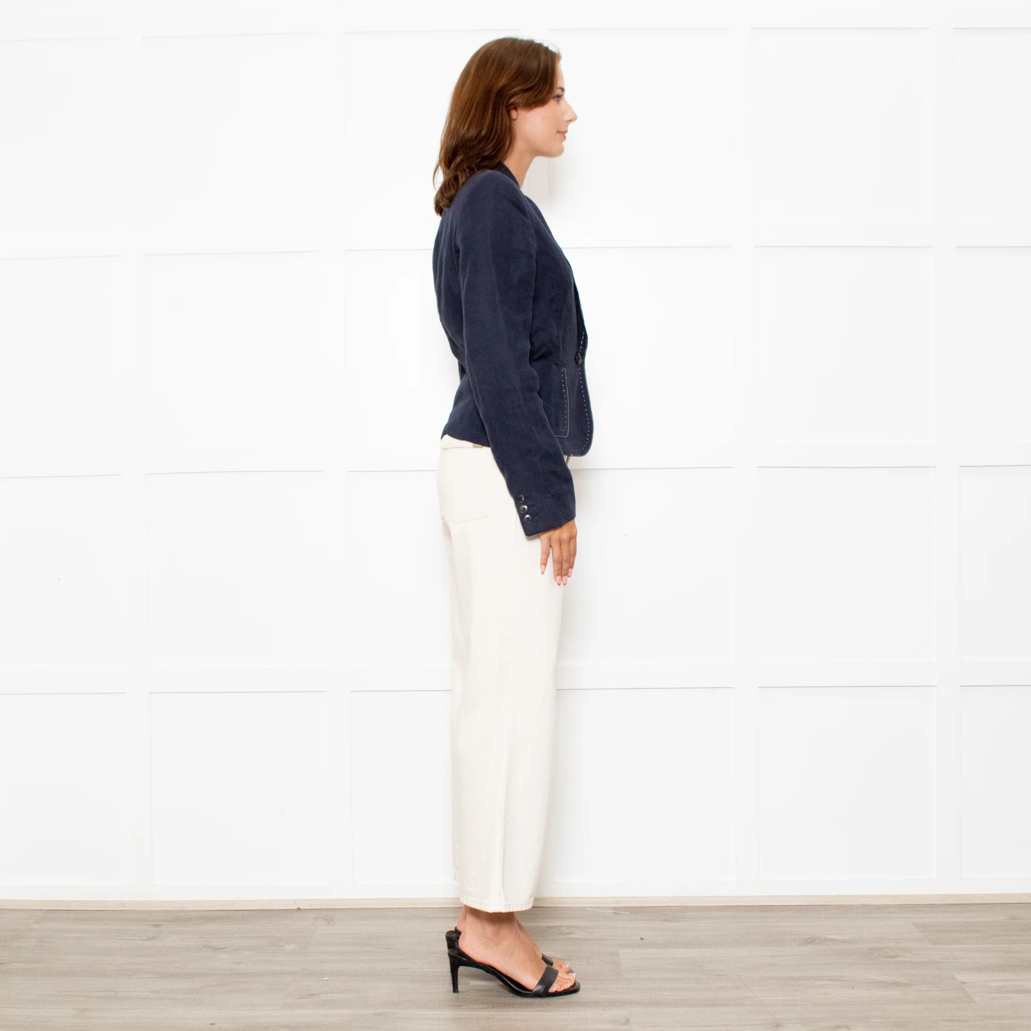 Max Mara Navy Blue Linen Stitch Detail Jacket - Image 6