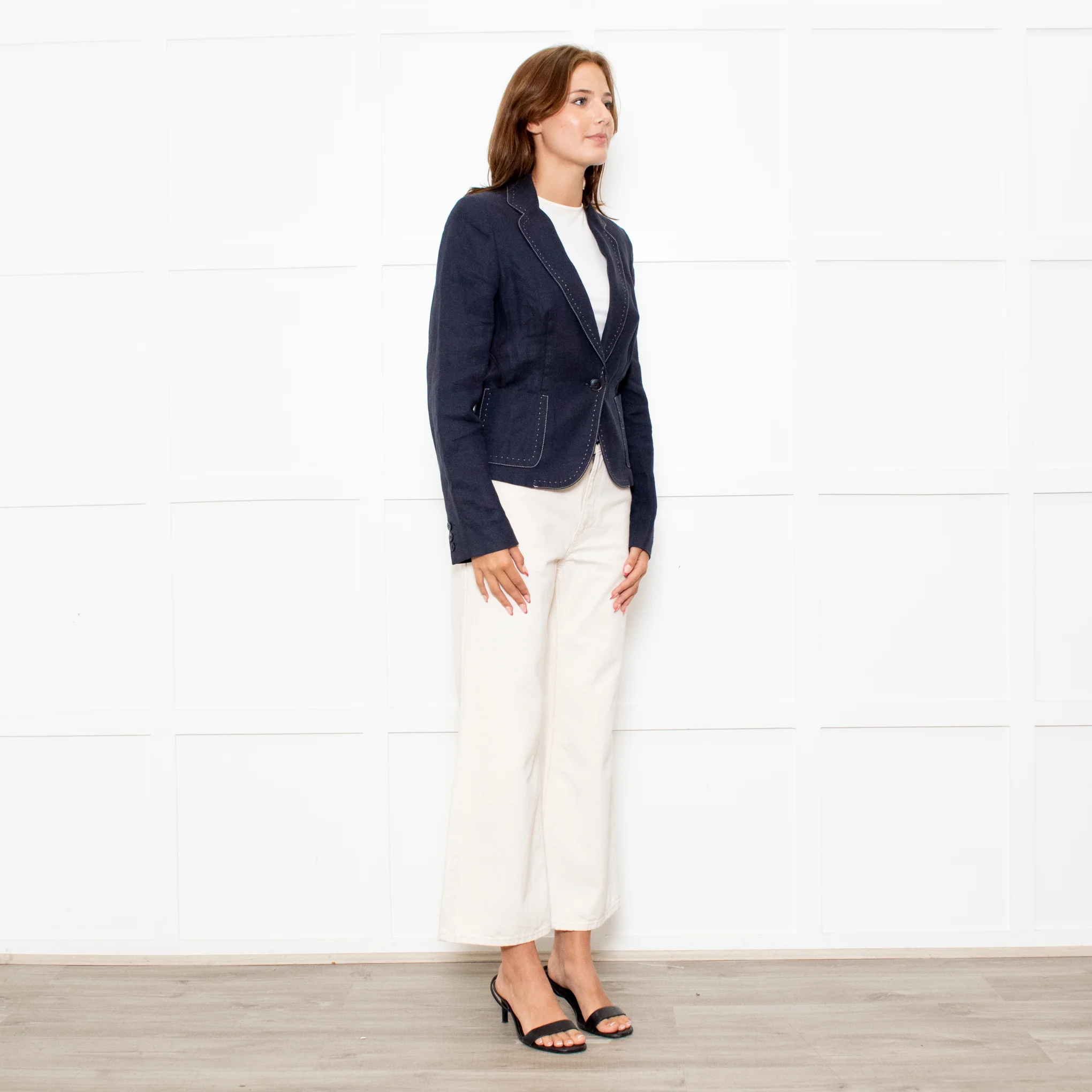 Max Mara Navy Blue Linen Stitch Detail Jacket - Image 7