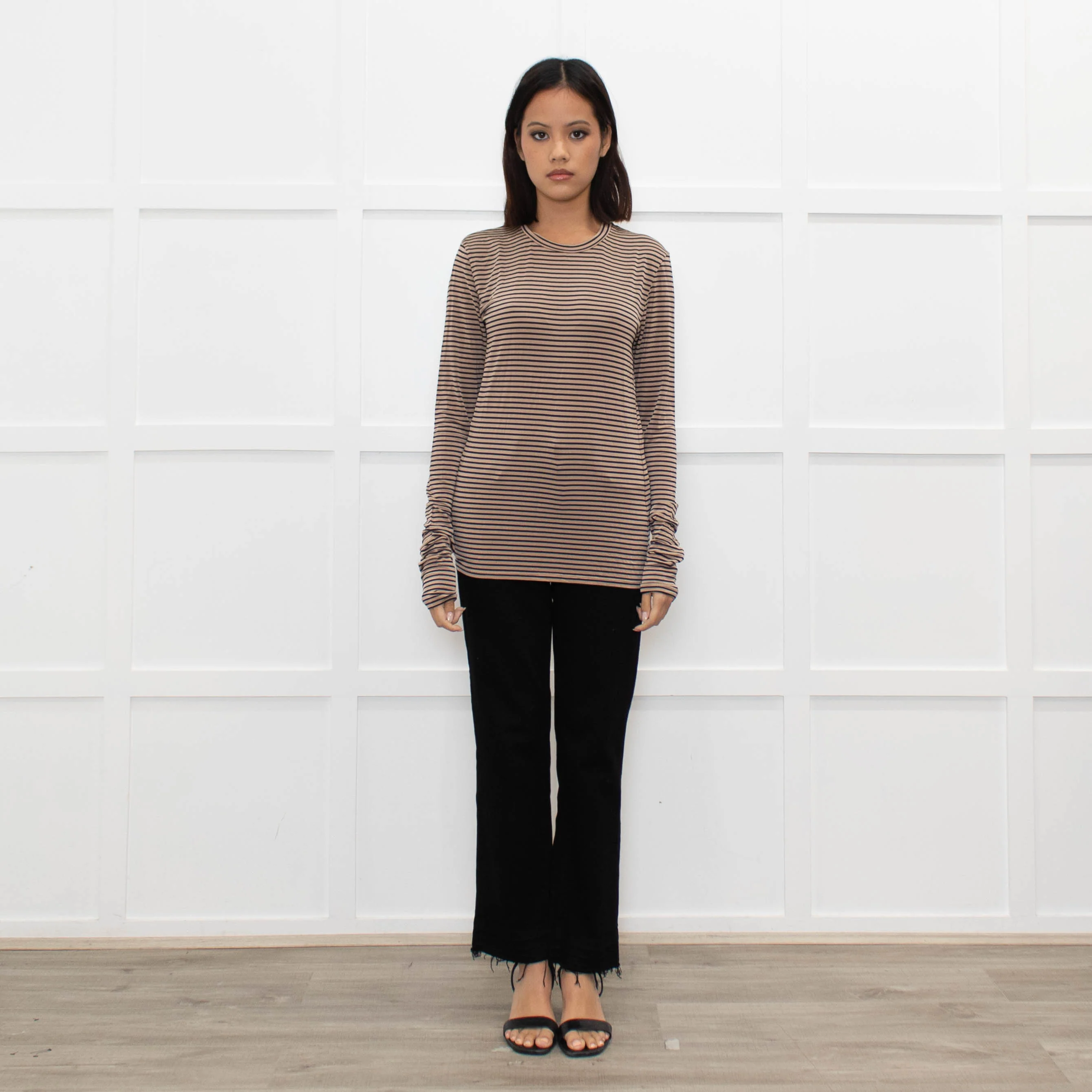 Max Mara Studio Beige Blue Striped Long Sleeve Top
