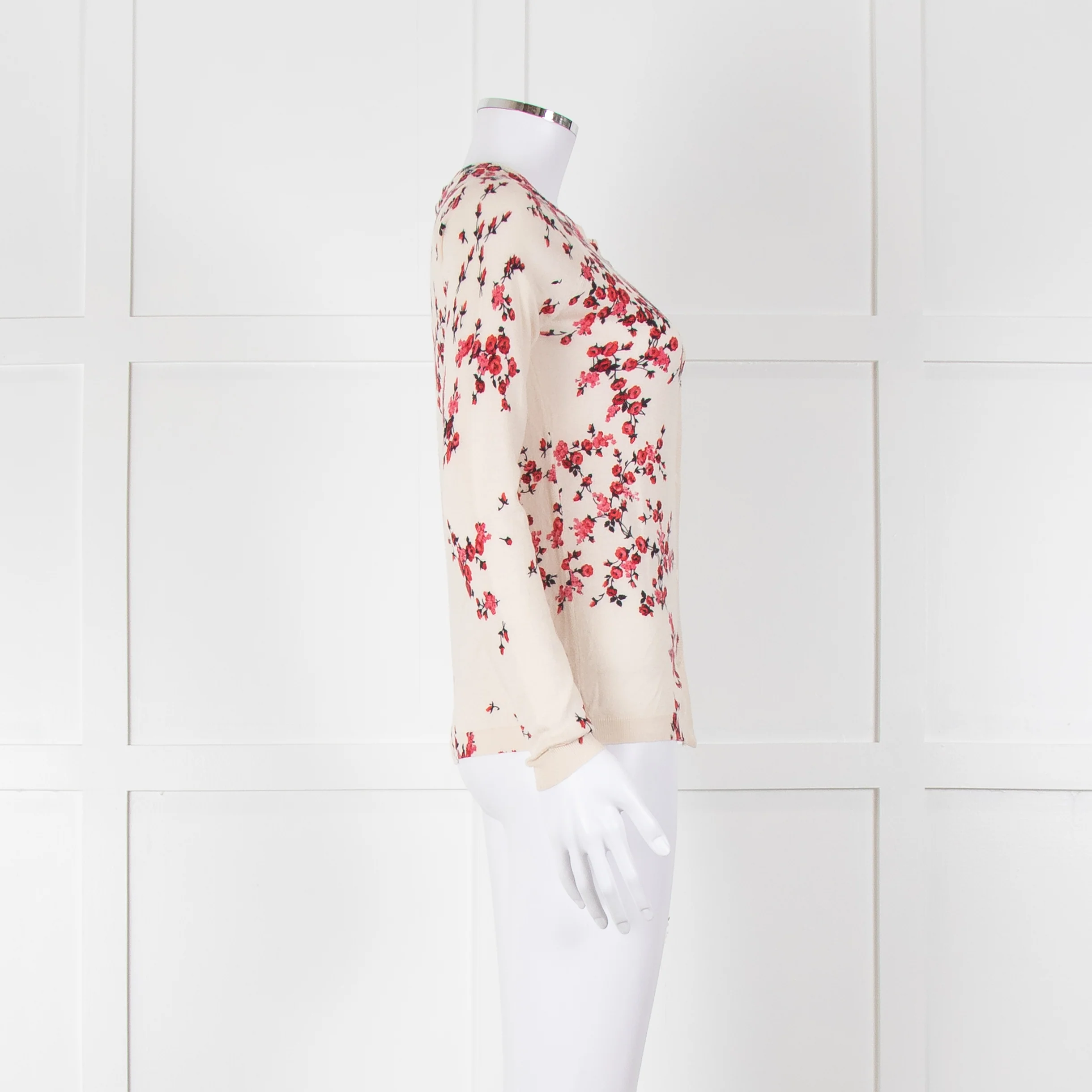 Max Mara Studio Cream Red Rose Bud Print Silk Wool Blend Cardigan - Image 3