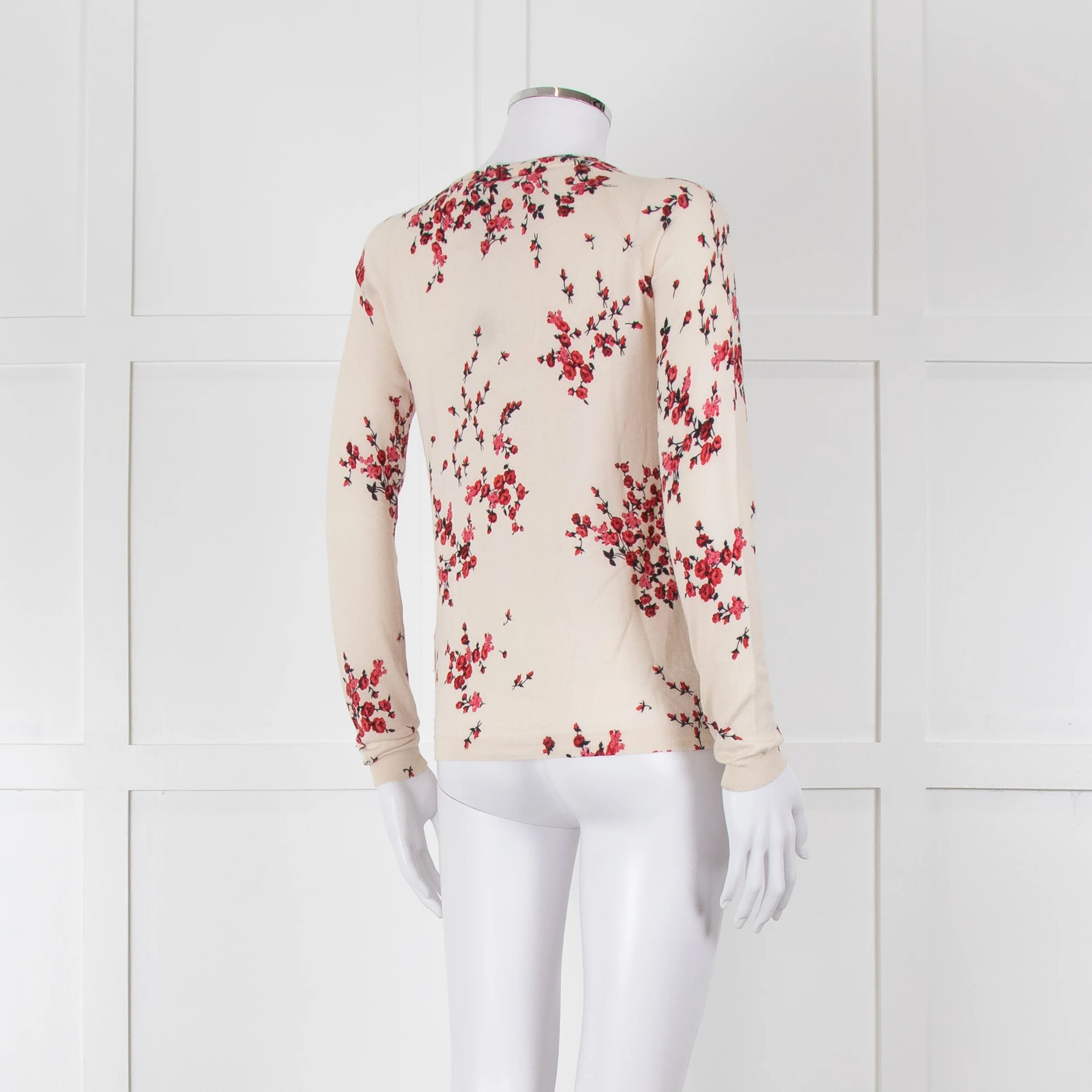 Max Mara Studio Cream Red Rose Bud Print Silk Wool Blend Cardigan - Image 4