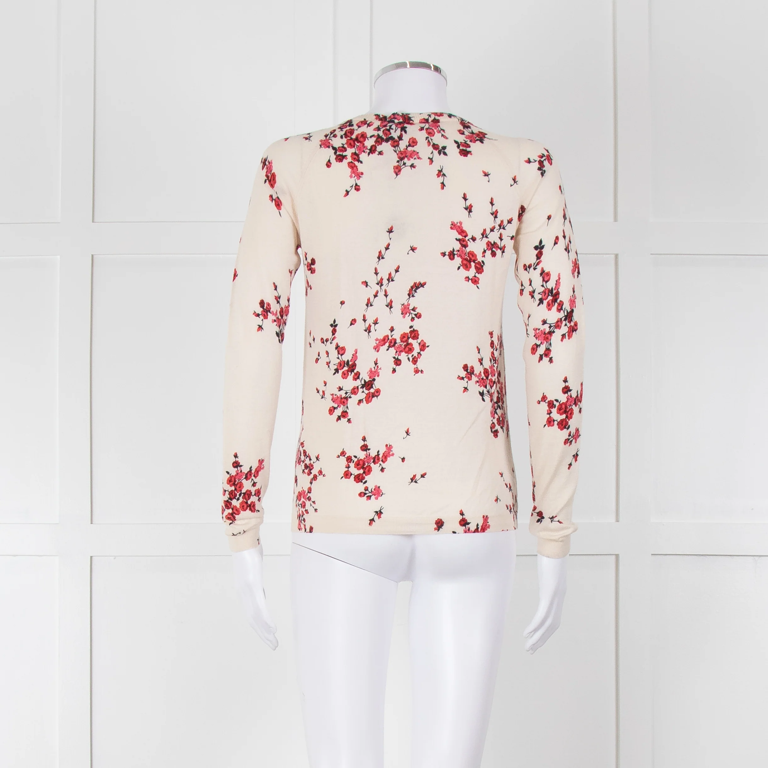 Max Mara Studio Cream Red Rose Bud Print Silk Wool Blend Cardigan - Image 5