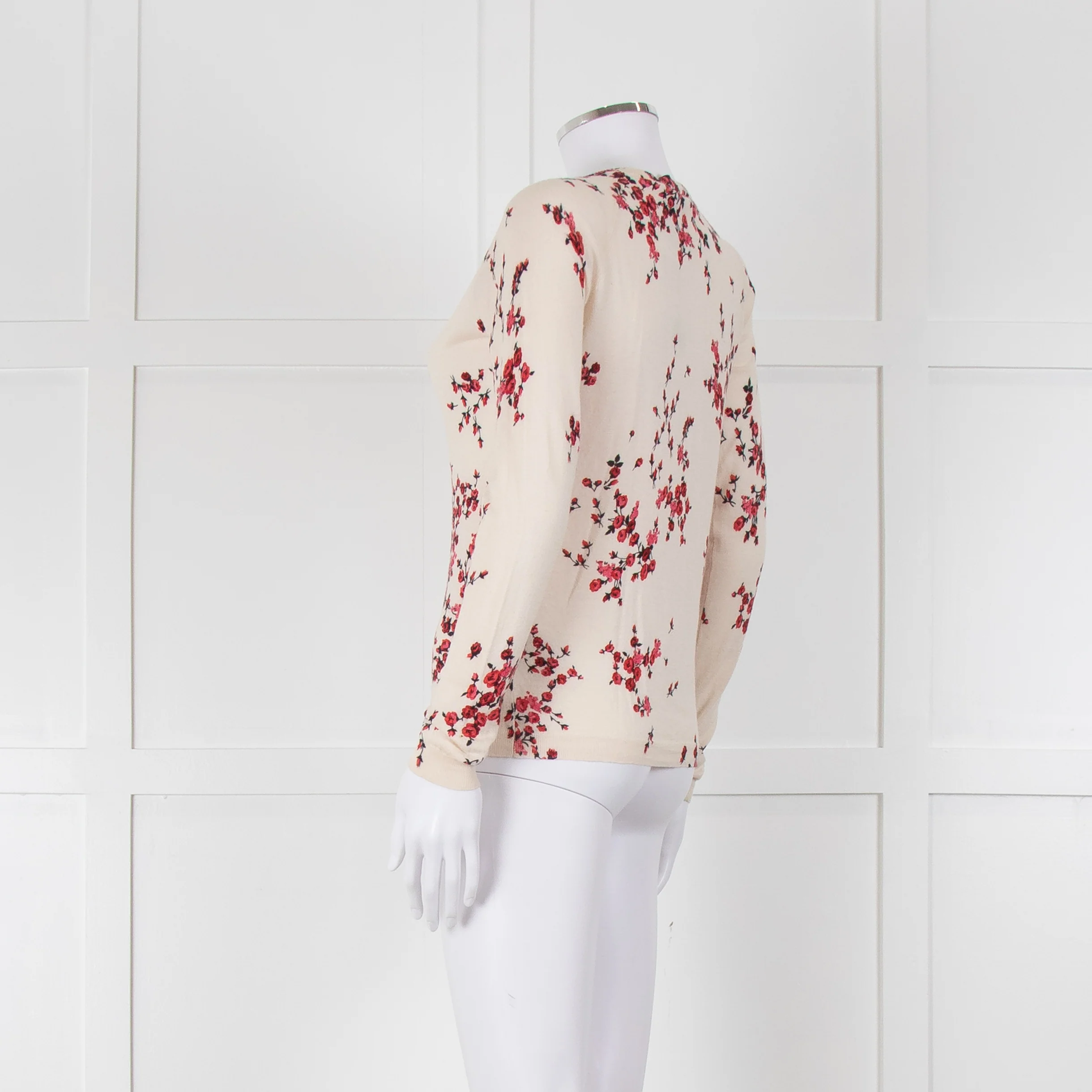 Max Mara Studio Cream Red Rose Bud Print Silk Wool Blend Cardigan - Image 6